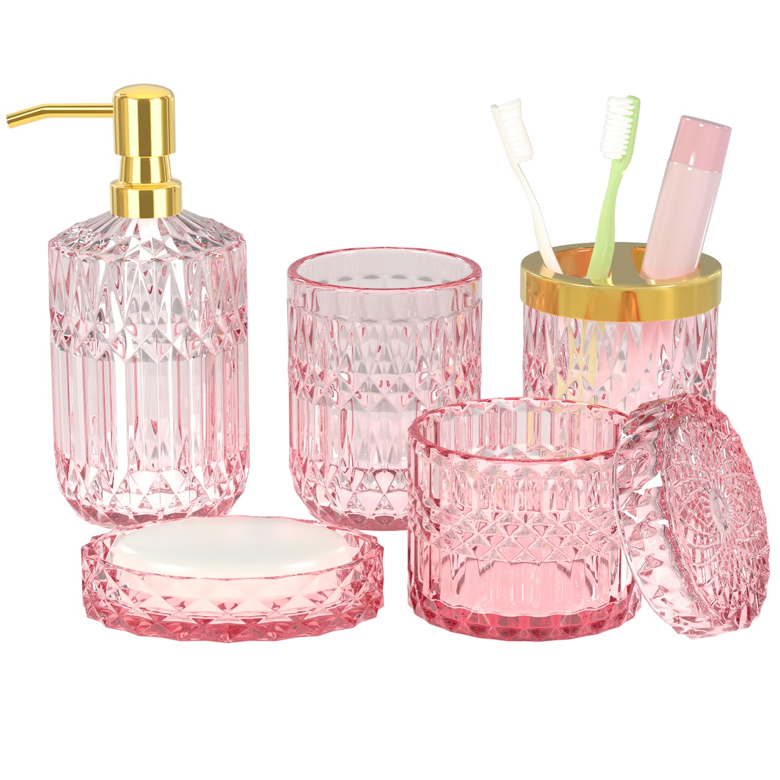 Pink Bathroom Accessories Set, 5Pcs Clear Glass Pink Bathroom Decor with Lotion Soap Dispenser, Soap Dish, Tumbler, Cotton Swab Jar, Toothbrush Holder for Bathrooms Set Modern Crystal Vintage Gift