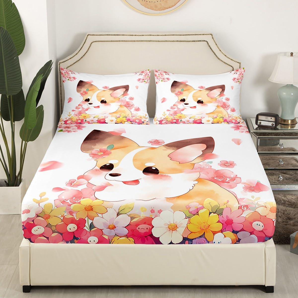 Erosebridal Cute Corgi Fitted Sheet Cartoon Puppy Bedding Set Kawaii Pet Animal Full Bed Sheets for Dog Lovers Boys Girls Watercolor Pink Floral Blossoms Sheets with 2 Pillowcases