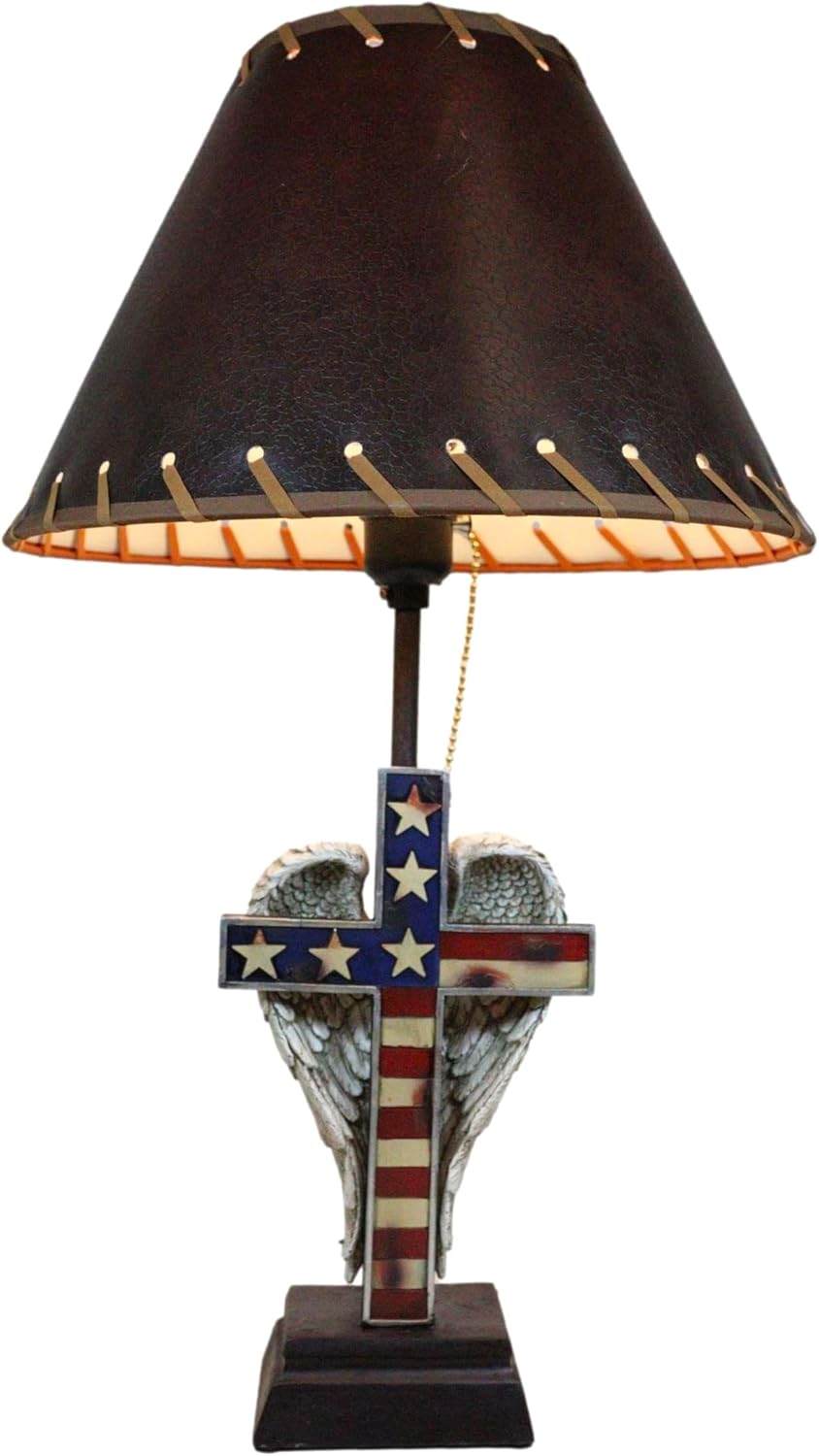 Ebros Gift Rustic Western Patriotic Star Spangled Banner American Flag Cross with Silver Angel Wings in Weathered Look Desktop Table Lamp with Brown Laced Shade Country Home Decor Accent