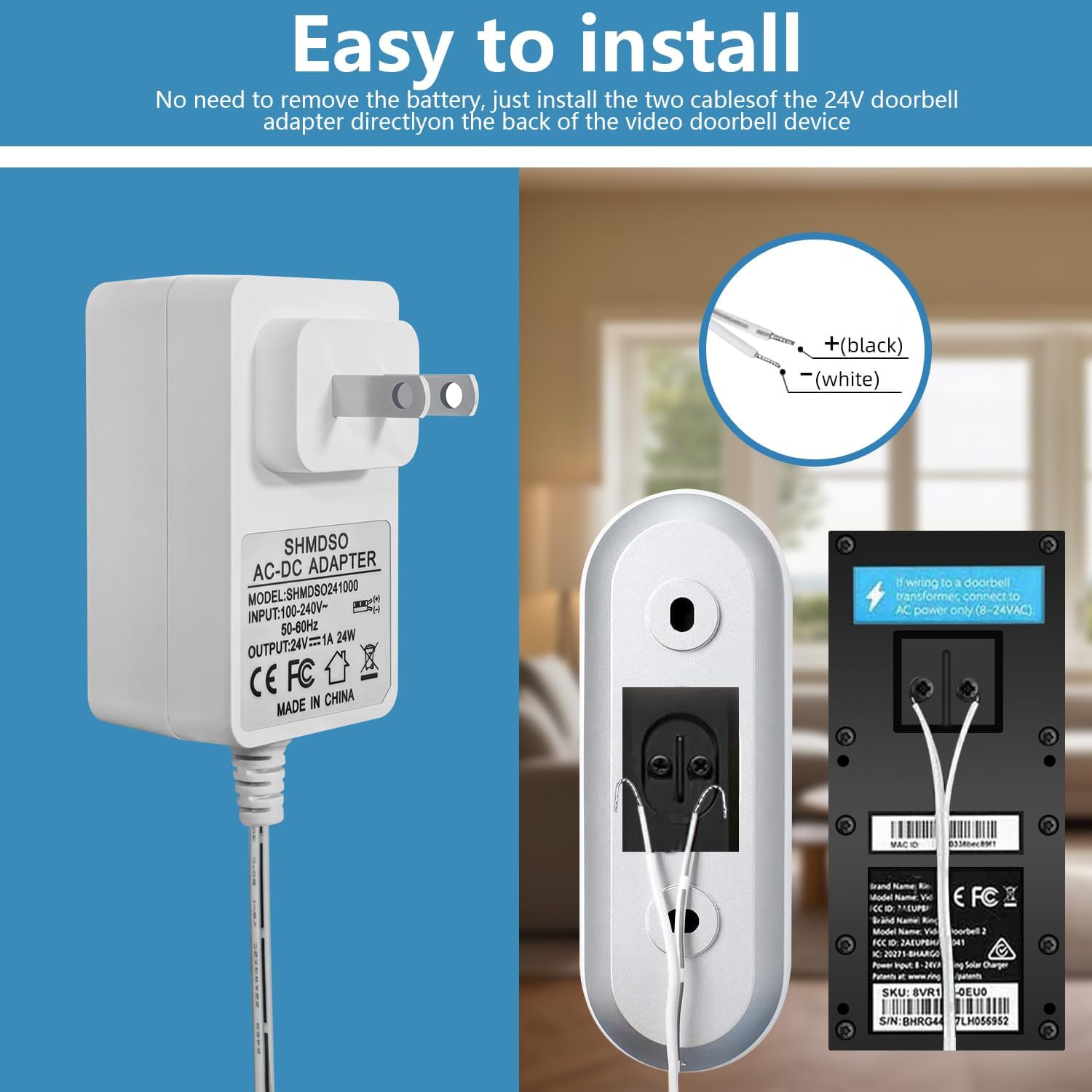 DC 24V Power Supply, 33 Feet Cable, Compatible with Arlo Nest, Eufy, Wyze, Ring Doorbell Transformers, and Google Nest, Honeywell, Emerson, Ecobee Thermostat Power Adapters