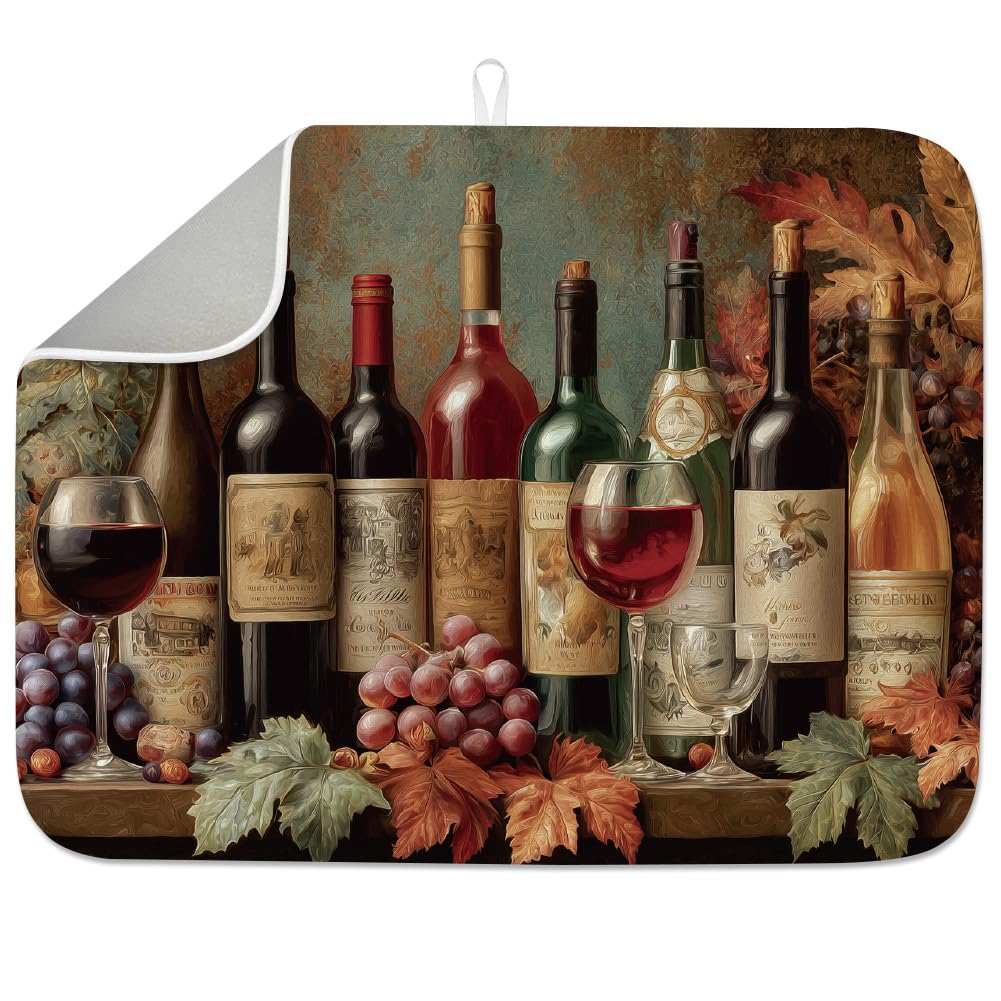 INFUNLY Red Wine Dish Drying Mat for Kitchen Counter 18"X24" Grapes Absorbent Dish Draining Mat Wine Glasses Large Modern Heat Resistant Coffee Bar Mats for Table Faucet Sink Coffee Bar Refrigerator
