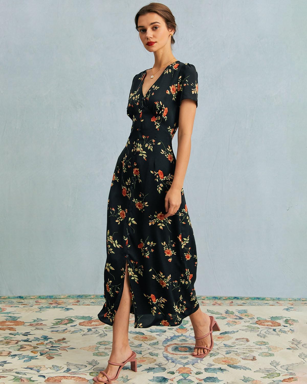 RIHOAS Women's Boho V Neck Floral Maxi Dress - Elegant Flowy Short Sleeve | Summer Beach Wedding Guest Formal Vestido Black