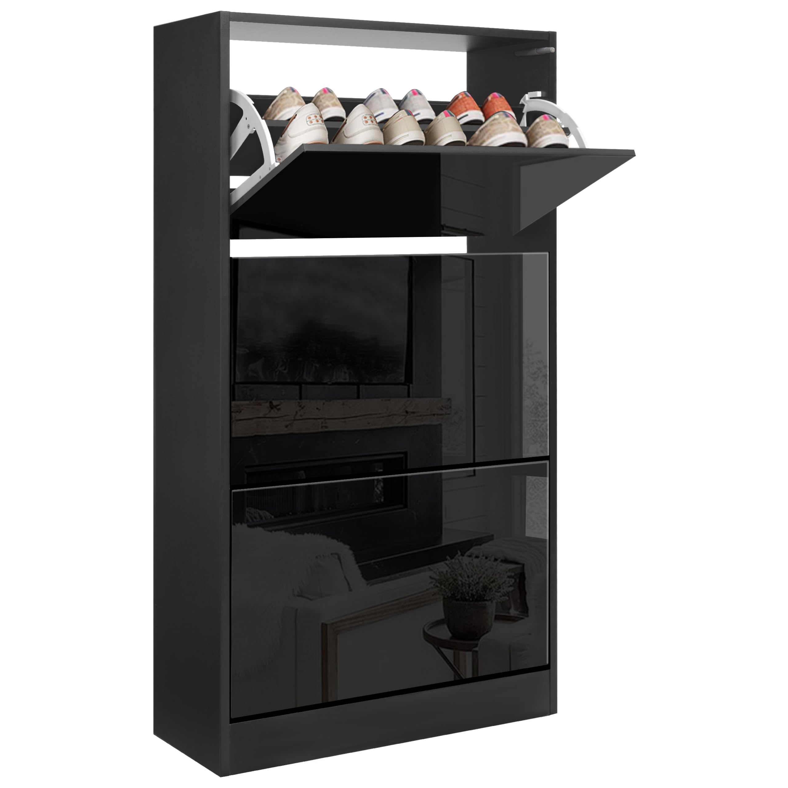Blisswood High Gloss 3 Drawer Shoe Cabinet, Wooden Shoe Storage Organiser Cupboard Unit Hallway Furniture, 3 tier Modern Shoes Rack Cabinet Footwear Stand for Shoes