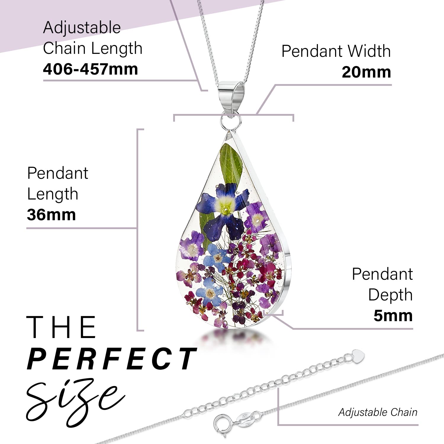 Shrieking Violet® - Collana con fiori veri e propri in argento Sterling con pendente a goccia con fiori viola