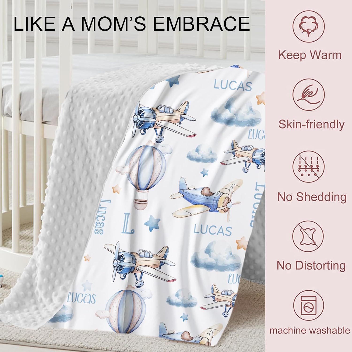 Personalized Crib Bedding Set for Boys Girls, Custom Baby Crib Sets with Name, Toy Airplane Design Nursery Bedding 2 Piece - Soft Blanket with Double Layer Dotted Backing, Crib Fitted Sheet