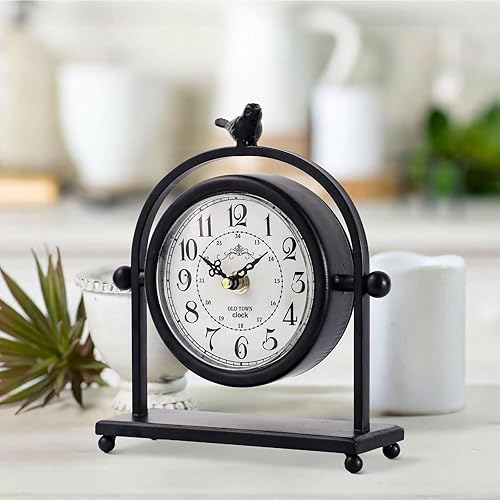MODE HOME Reloj de escritorio analógico silencioso de metal negro con pájaro, reloj de mesa pequeño para decoración de granja, estante de repisa,
