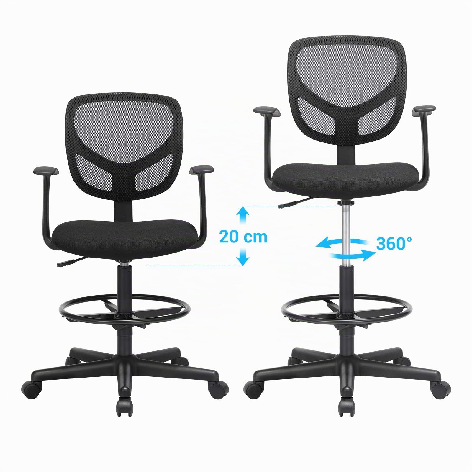 SONGMICS Fauteuil de Bureau, Chaise en Toile, Siège Ergonomique, Tabouret, avec Repose-Pieds Réglable en Hauteur, Pivotant sur 360°, pour Bureau Debout, Noir OBN25BK