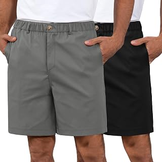2 Pack Men's Classic Fit Golf Shorts Flat Front Short Stretch Casual Elastic Waistband Pant with 3 Pockets