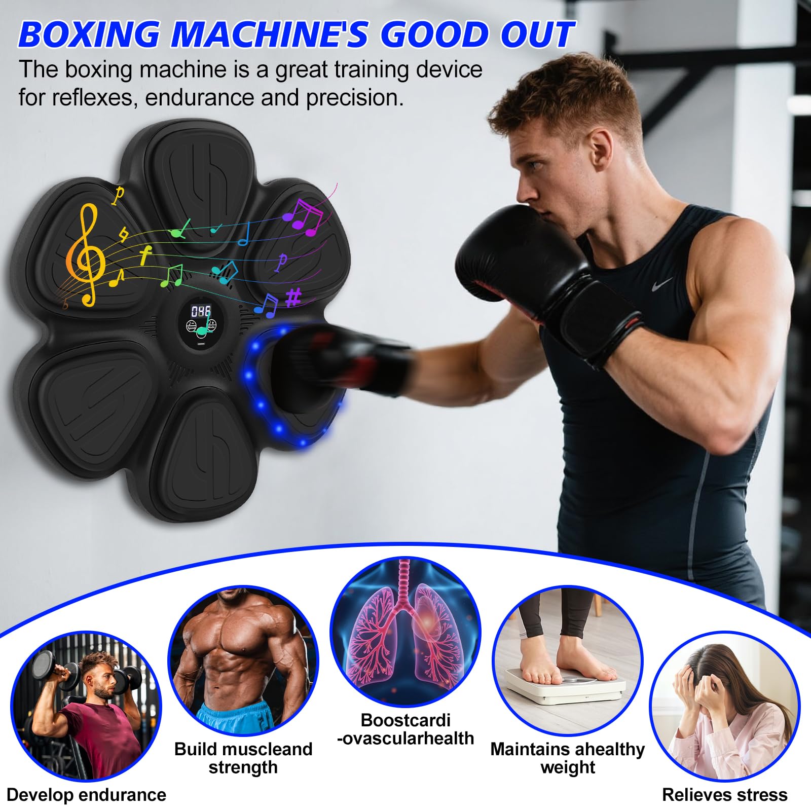 Music Boxing Machine dla dorosłych, maszyna bokserska z muzyką, LED i rękawicami bokserskimi, 9 trybów prędkości, maszyna bokserska dla dorosłych i dzieci, trening lisów do domu
