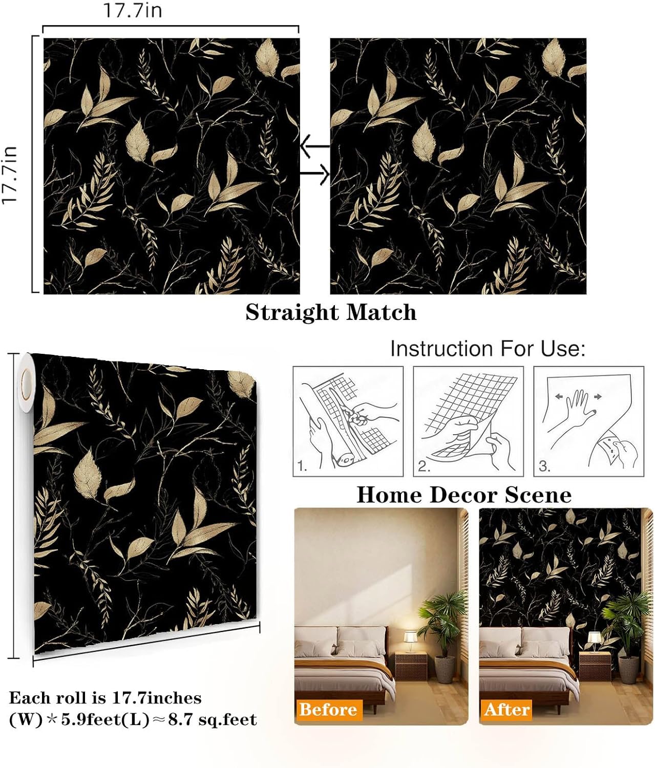 Dark Black and Gold Leaf Peel and Stick Wallpaper Removable Waterproof Wallpaper for Bedroom and Accent Walls Renter Friendly 17.7" x 70.8"