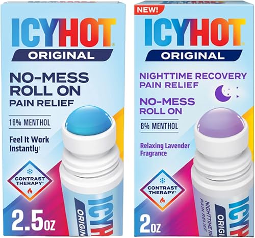 Icy Hot Original (2.5 onzas) y recuperación nocturna (2 onzas) Aplicador roll-on para aliviar el dolor sin ensuciar, alivio del dolor de acción