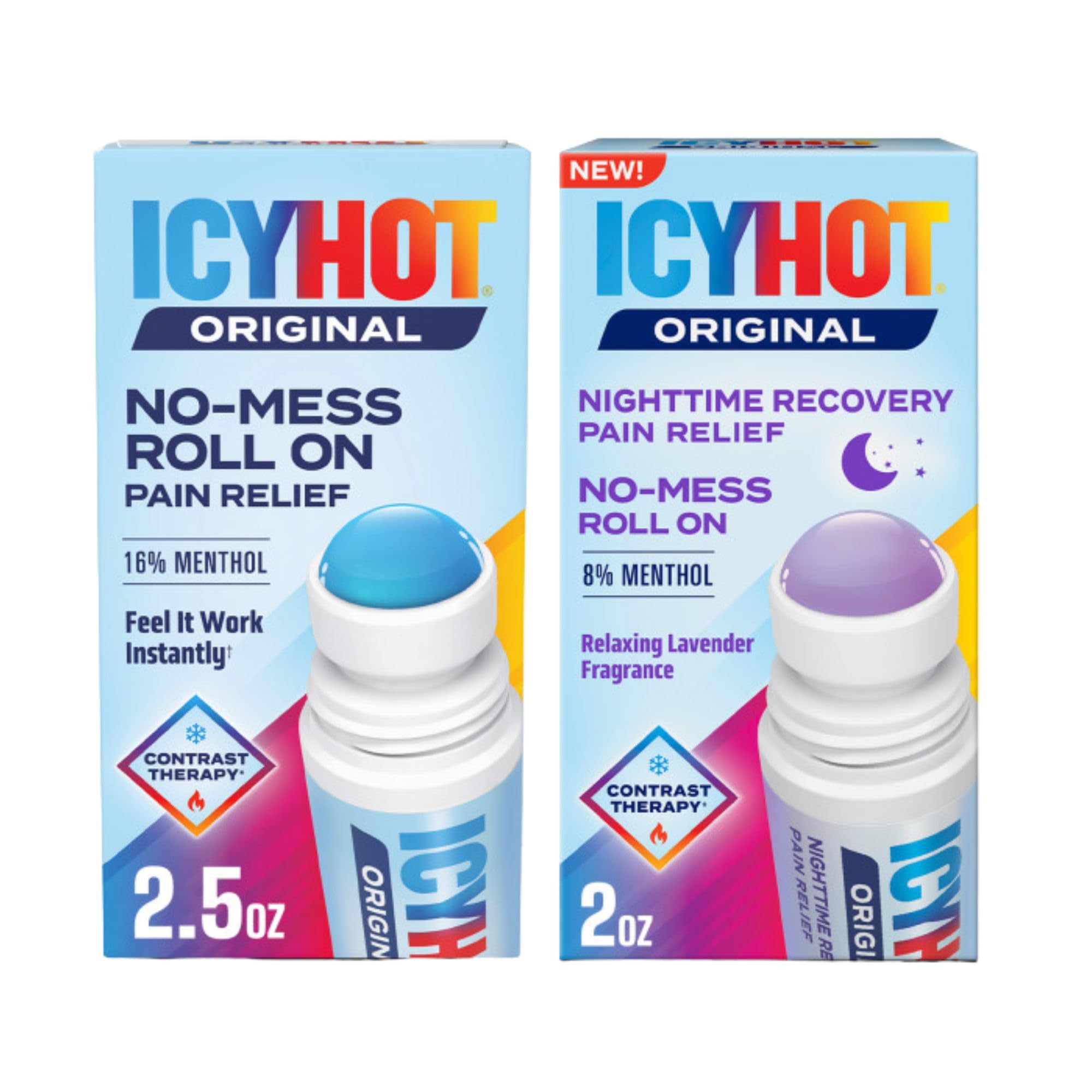 Icy Hot Original (2.5 oz.) &amp; Nighttime Recovery (2 oz.) Pain Relief No-Mess Roll-On Applicator, Fast-Acting Pain Relief, Contrast Therapy for Backaches, Joints, Muscle Strains and Arthritis