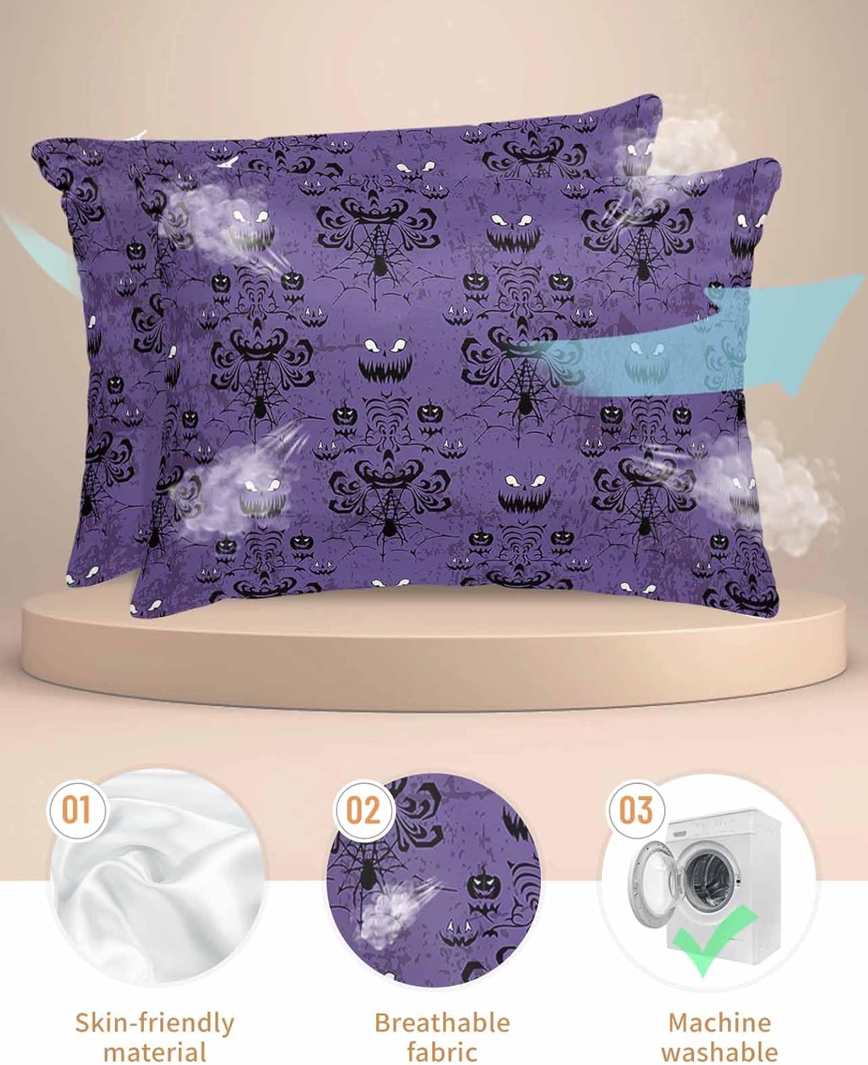 Satin Pillowcase for Hair and Skin, Halloween Haunted Ghost House Mansion Spider Silky Pillow Cases King Size with Zipper 2 Pack Soft Cooling Pillow Cover for Women Men, 20''x36''