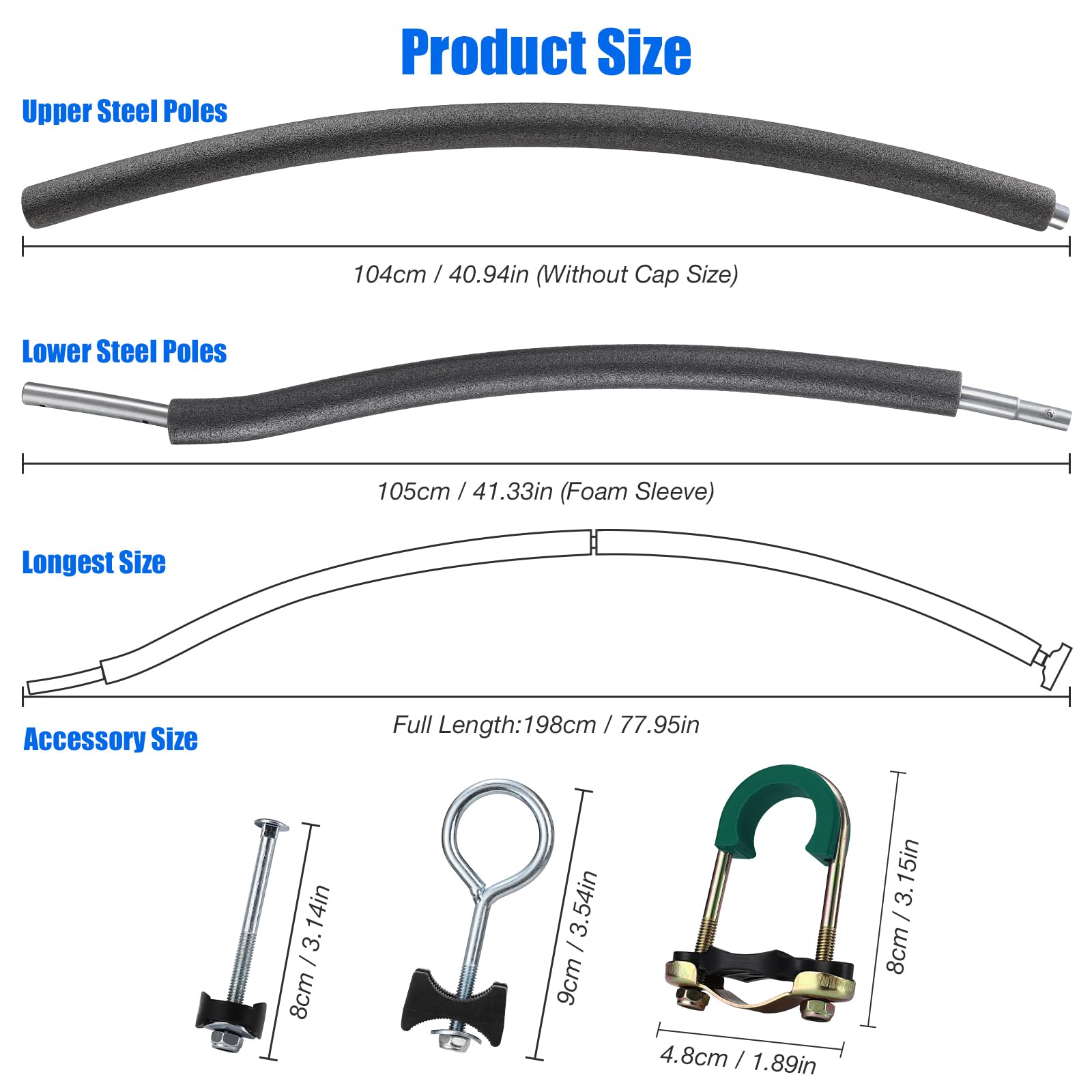 Juego de postes curvados de repuesto para cama elástica – 1 barra de seguridad superior y 1 inferior de ajuste universal para 2,4 – 4,8 m, incluye postes de red acolchados de espuma con conector en T