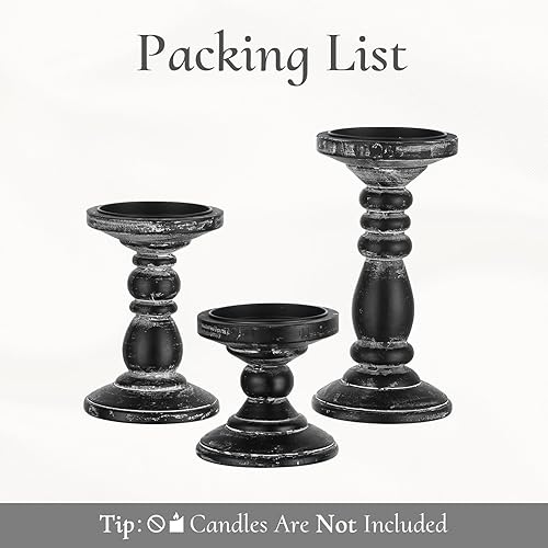 Miniatura 7 de Portavelas de pilar de madera 3 portavelas rústicos negros para velas de pilar, portavelas de madera envejecida, portavelas rústico grande para mesa