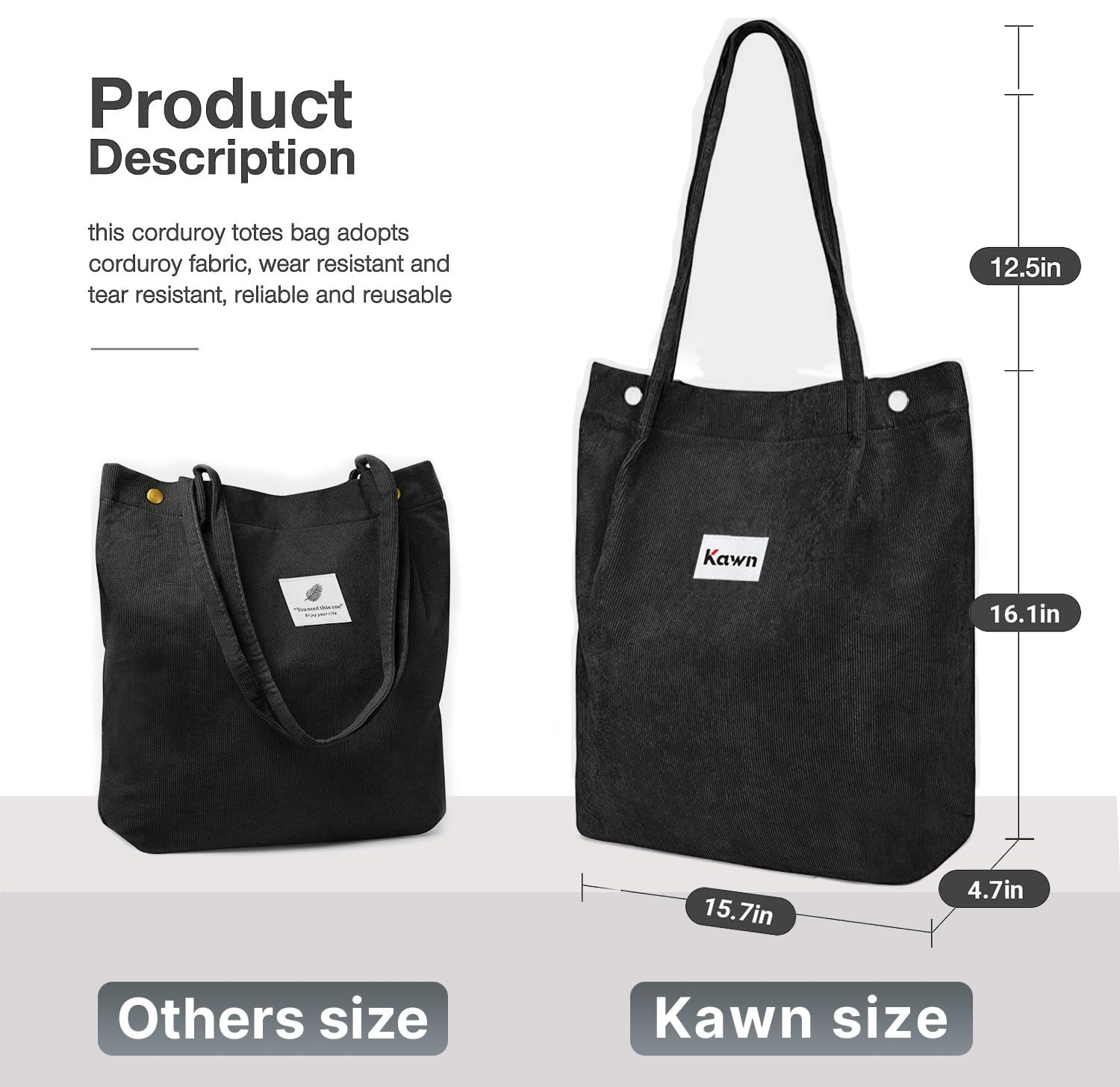 Kawn® Women Corduroy Tote Bag Canvas Shoulder Purse Reusable Shopping Bag Grocery Bag Large Capacity Washable Handbag Girls Shoulder Bag with Inner Pocket For Daily Use Work Travel
