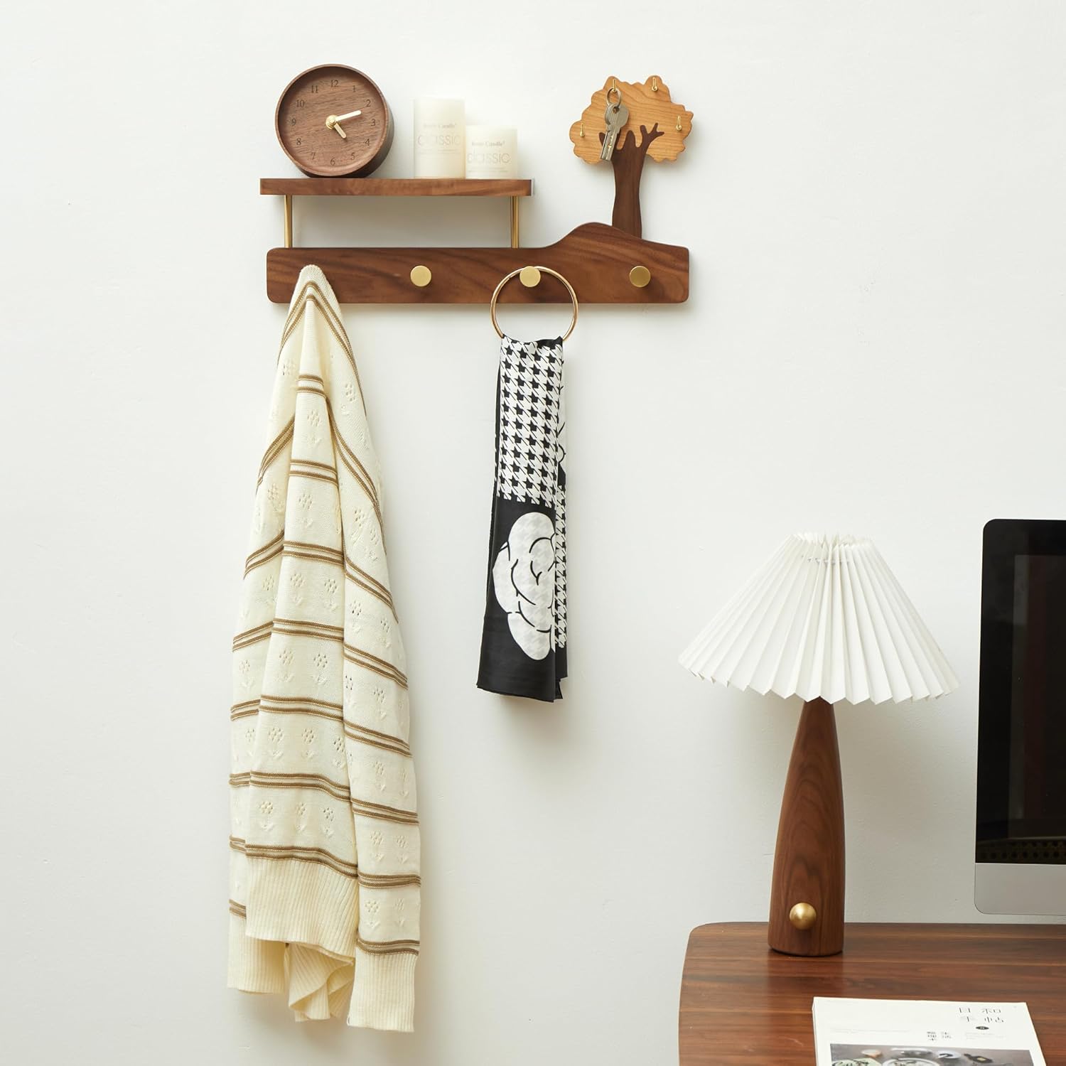 Coat Rack Wall Mount with Shelf - 16Inch Entryway Hanging Shelf with 4 Brass Hooks for Jacket Backpack Hats Key Clothes Towel Purse Robes, Wood Wall-Mounted Hanger Storage for Hallway Bathroom Bedroom