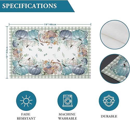 Miniatura 6 de Juego de 6 manteles individuales de otoño de Acción de Gracias, color azul marino, calabazas, hojas de eucalipto verdes, resistentes al calor,