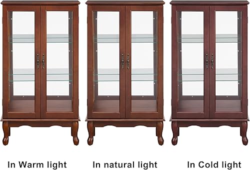 Miniatura 8 de Gabinete Curio iluminado con estantes de vidrio ajustables, panel trasero espejo y puertas de vidrio templado, vitrina vintage de 3 niveles para