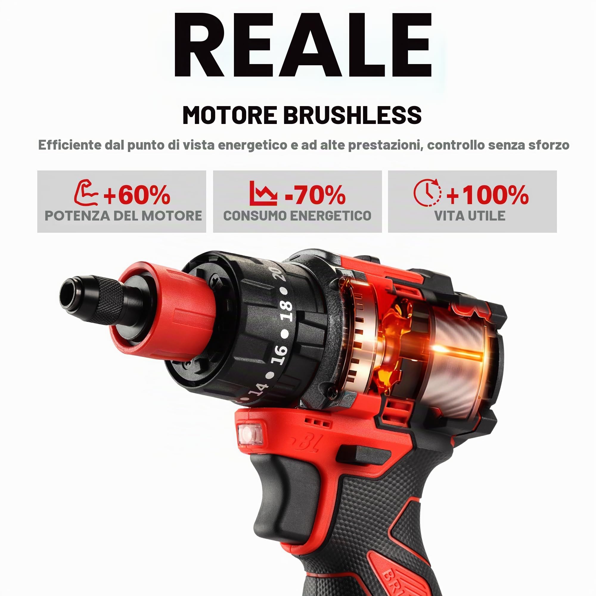 TEENO Avvitatore a batteria 18 V senza spazzole professionale, kit trapano wireless, 20+3 velocità, 45 Nm, 2 velocità, con 4 testine multifunzione