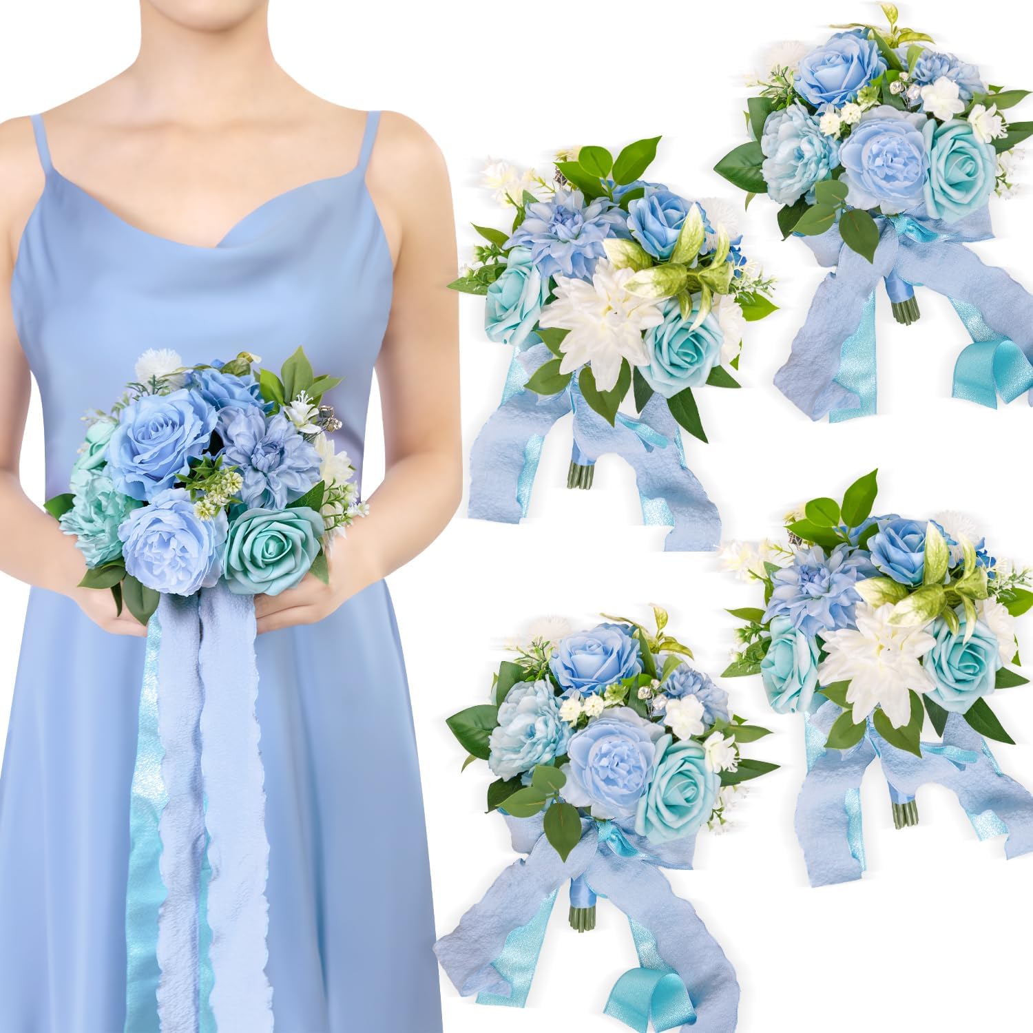 TINGE TIME 7 Inch Artificial Flowers Wedding Bouquets for Bridesmaid, Set of 4, Provence Blue Bride Tossing Bouquet for Summer Wedding Ceremony Bridal Shower Rehearsal Dinner Vintage Party
