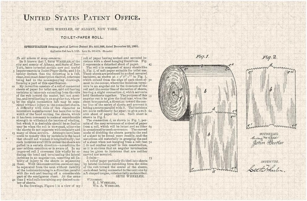 Laminated Toilet Paper Roll Official Patent Diagram Poster Dry Erase Wall Art 36x24