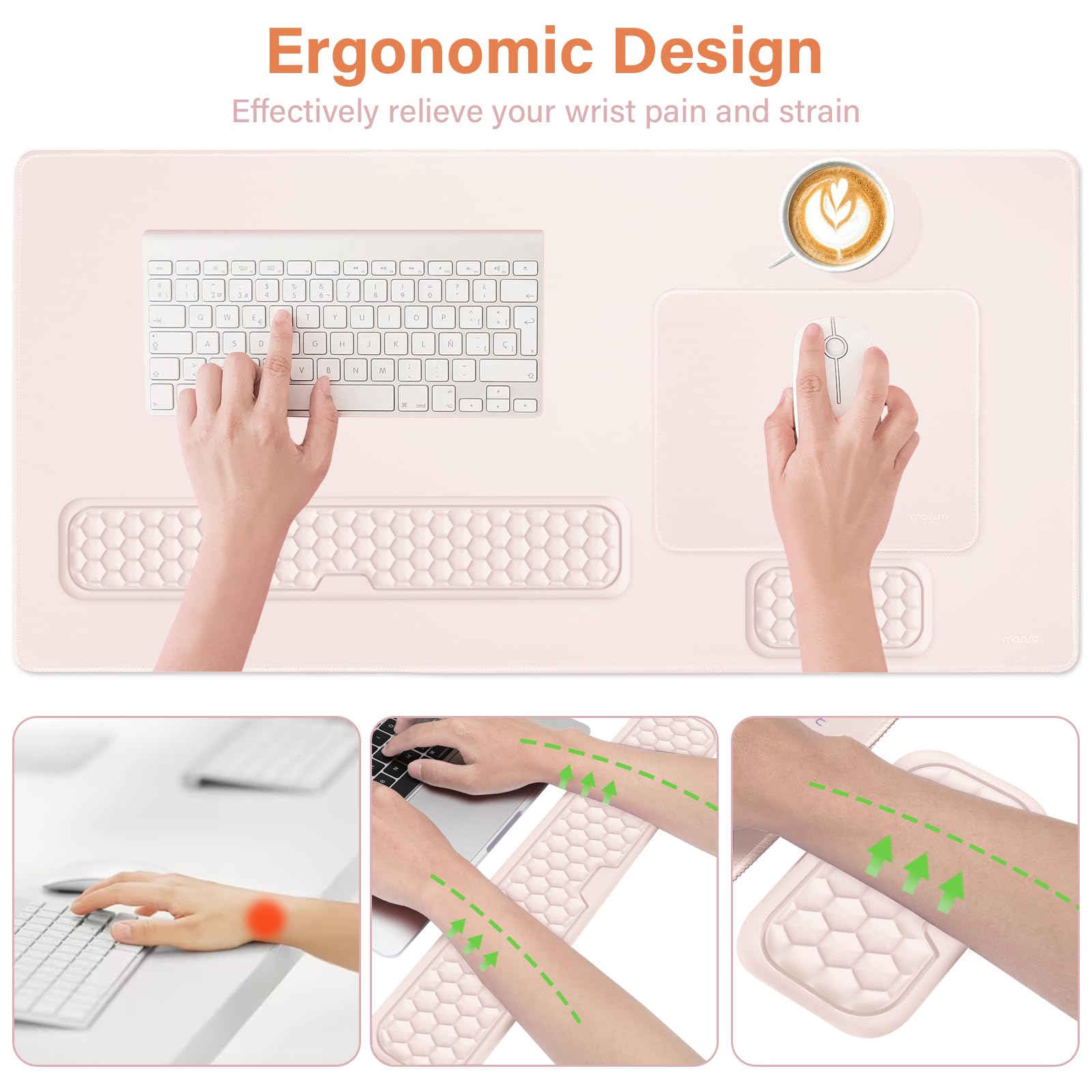 MOSISO Grande Tappetino Mouse Gioco&Poggiapolsi Tastiera Massage&Tappetino Mouse&Coaster,Set Cuscinetti Ergonomici Antiscivolo e Cuscino Typing Facile con Memory Foam L'Ufficio Domestico,Albicocca