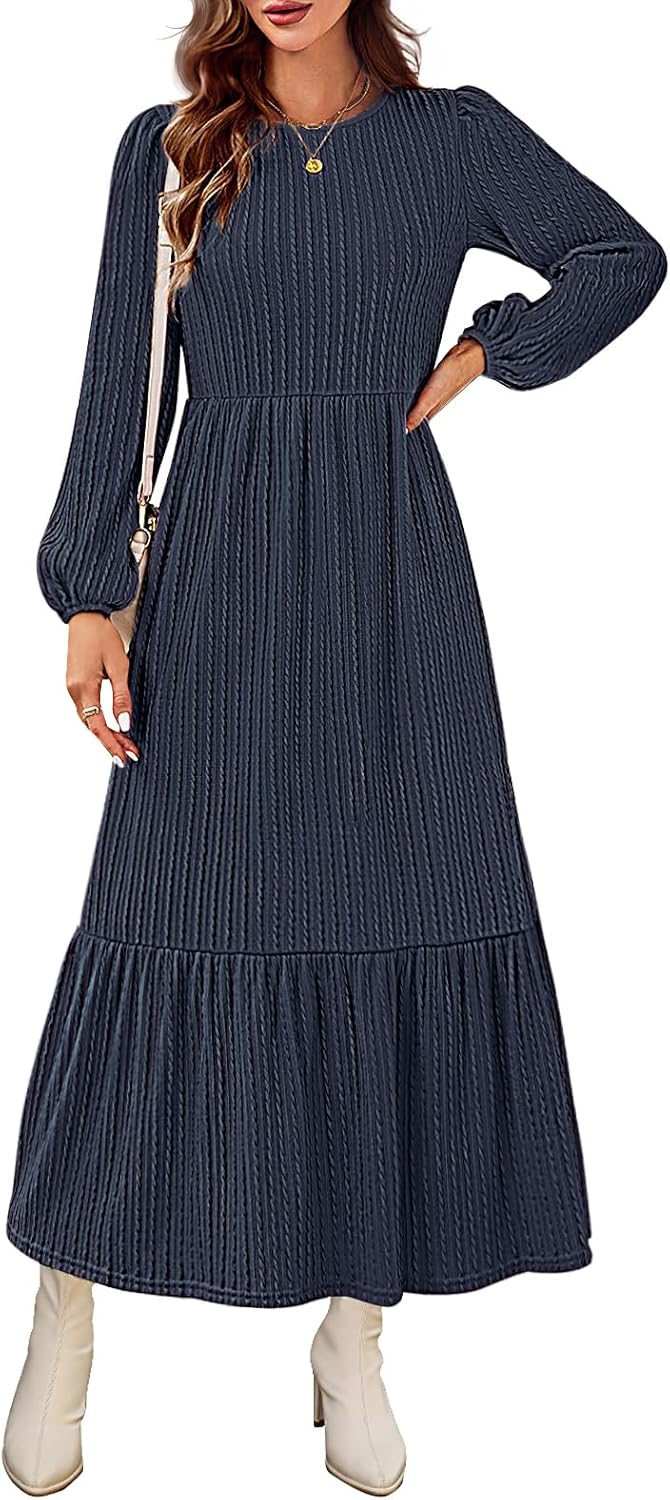 Women's Long Sleeve Maxi Dress 2025 | High Neck Flowy T-Shirt Dress With Pockets