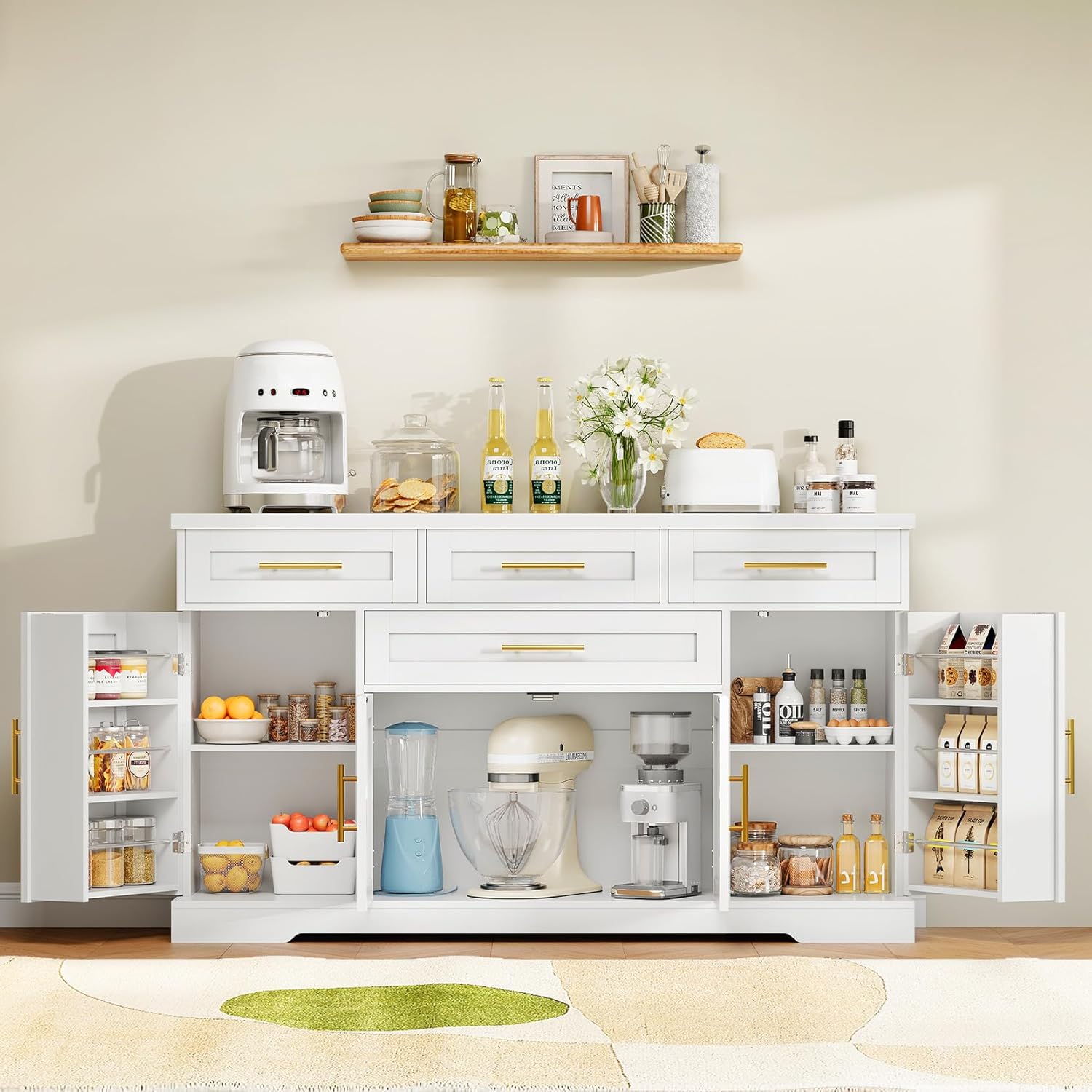 Concho 54" Buffet Cabinet with Storage, Kitchen Sideboards Small Coffee Bar Cabinet with 4 Drawers, Modern Kitchen Storage Cabinet for Living Room, White