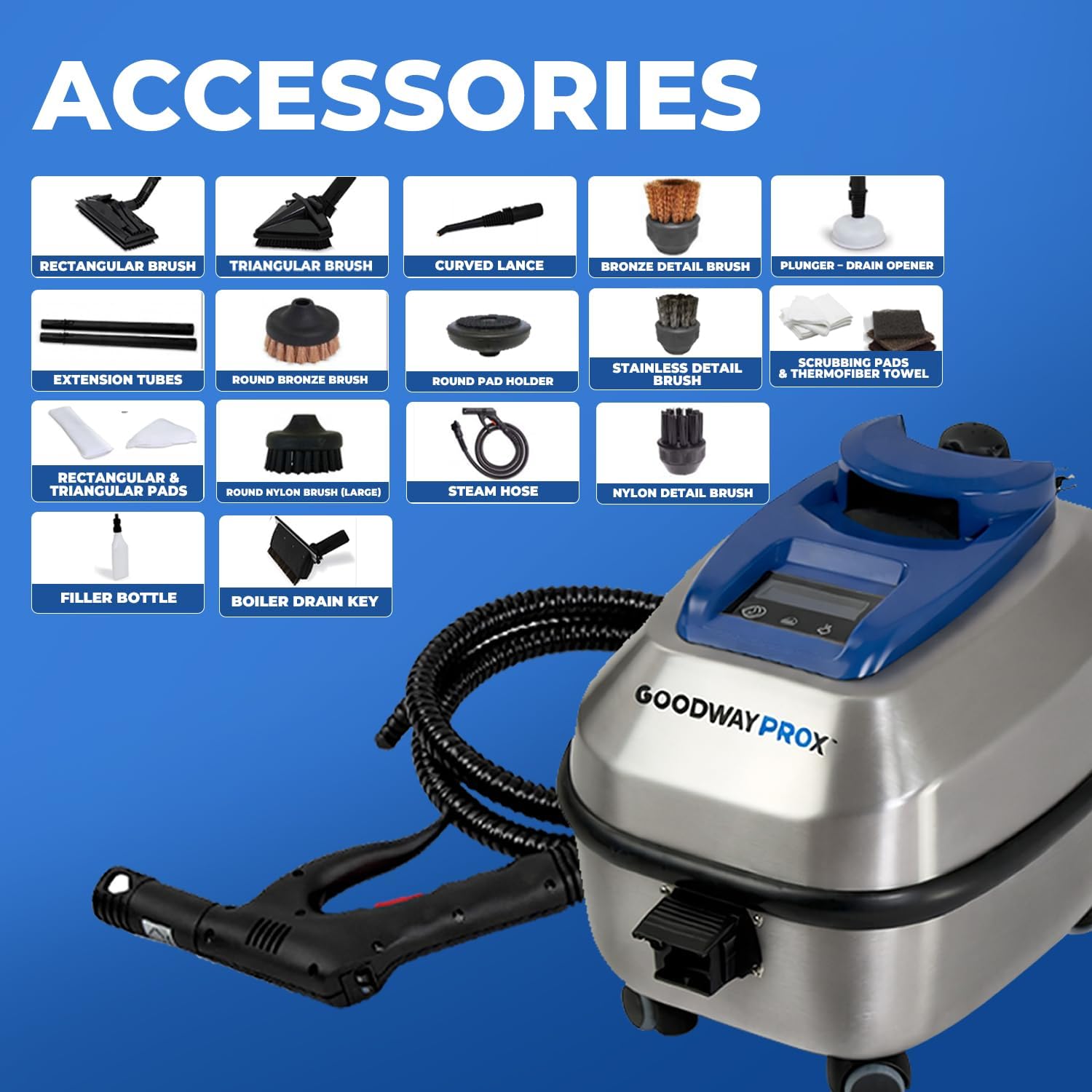 Goodway Portable Dry Steam Cleaner 1650W, Commercial Steam Cleaner with Stainless Steel Boiler,1.3-gallon (5 liters) water tank, 105 PSI, 340°F Steam, Continuous Fill, GVC-1250-R