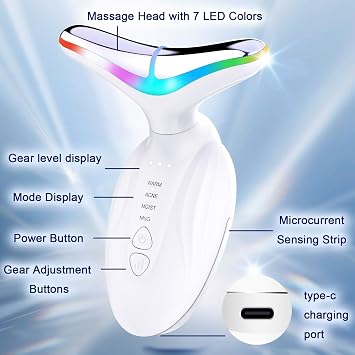 Face Massager Facial Lifting Device Electric Anti-Wrinkle Neck Massage Lift Machine Skin Toning Devices Microcurrent Sculpting Therapy Gua Sha Tool Women 7 LED Colors 4 Modes