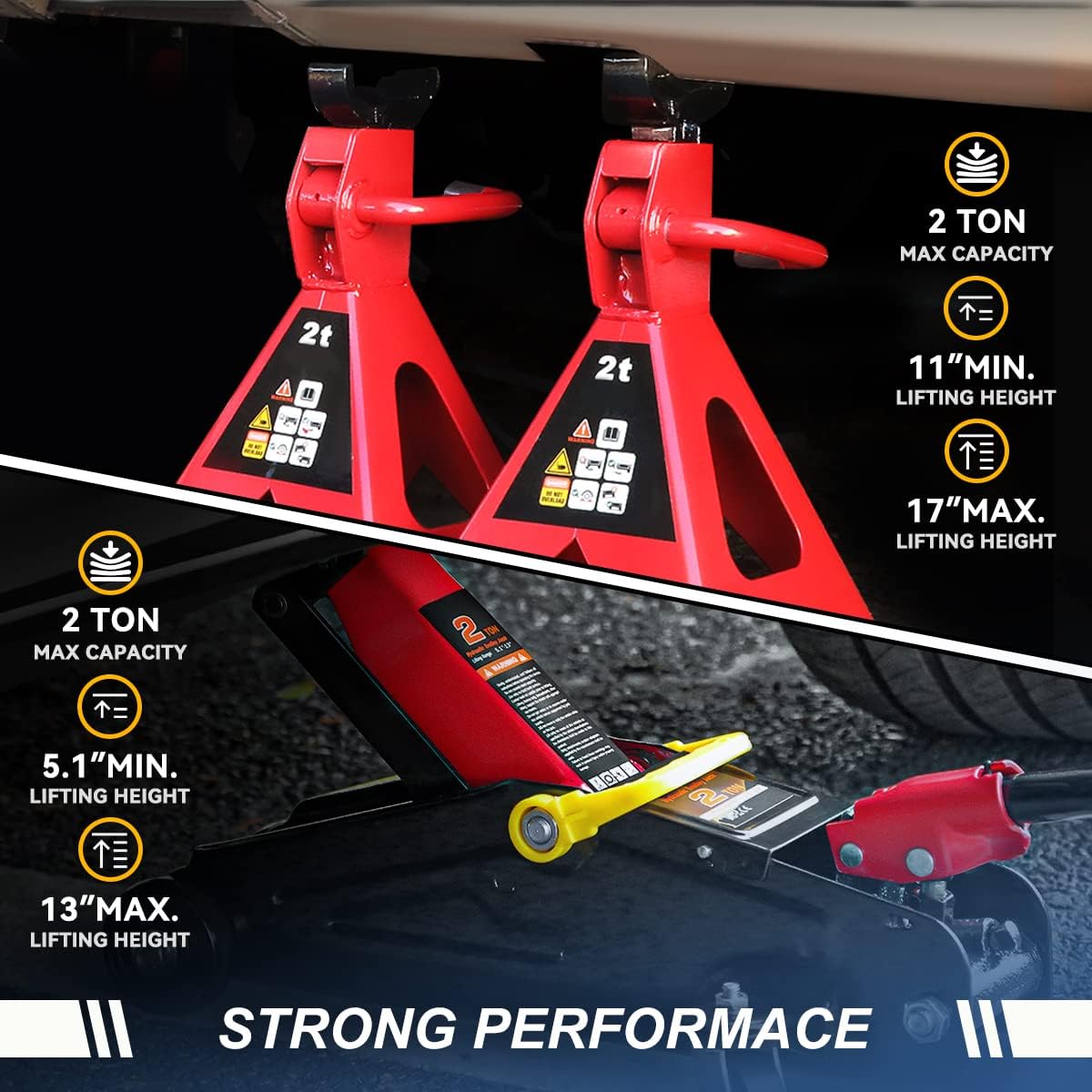 Auto Dynasty 2 Ton Floor Jack with Jack Stands, Heavy Duty Steel Hydraulic Racing Floor Jack with Single Piston Quick Lift Pump, Hydraulic Trolley Service Car Jack, Red/Black