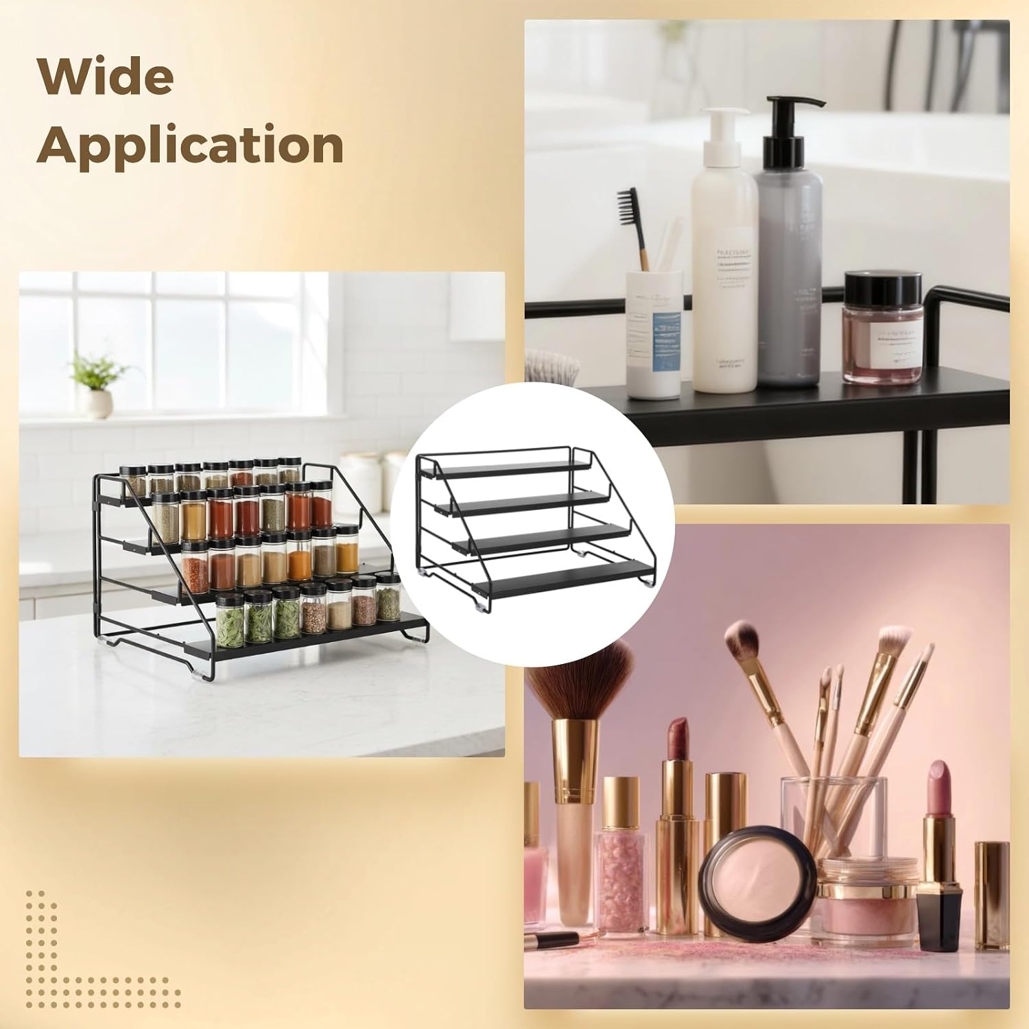 4 Tier Spice Rack Organizer for Cabinet, Spice Rack for Cabinet, Adjustable Depth Spice Holder Shelf, Metal Tiered Seasoning Organizer for Countertop, Cupboard, Pantry, Seasoning Shelf, Black (1 Pack)