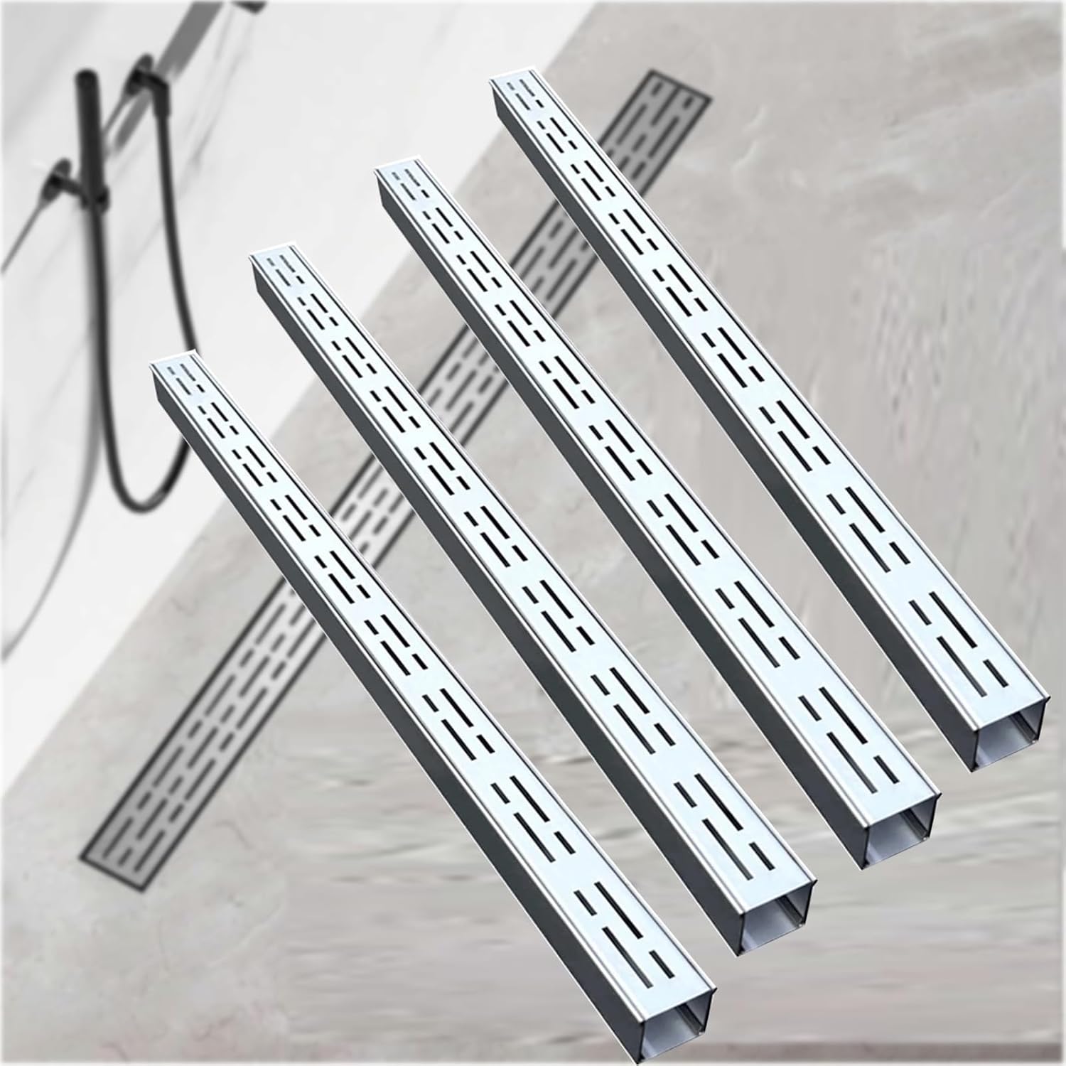 Stainless Steel Linear Shower Drain Kit, Narrow Rectangular Water Drainage Channel for Bathroom, Deck, Yard & Garage (4-Pack, 100x3.5x3cm) - Durable & Easy Install