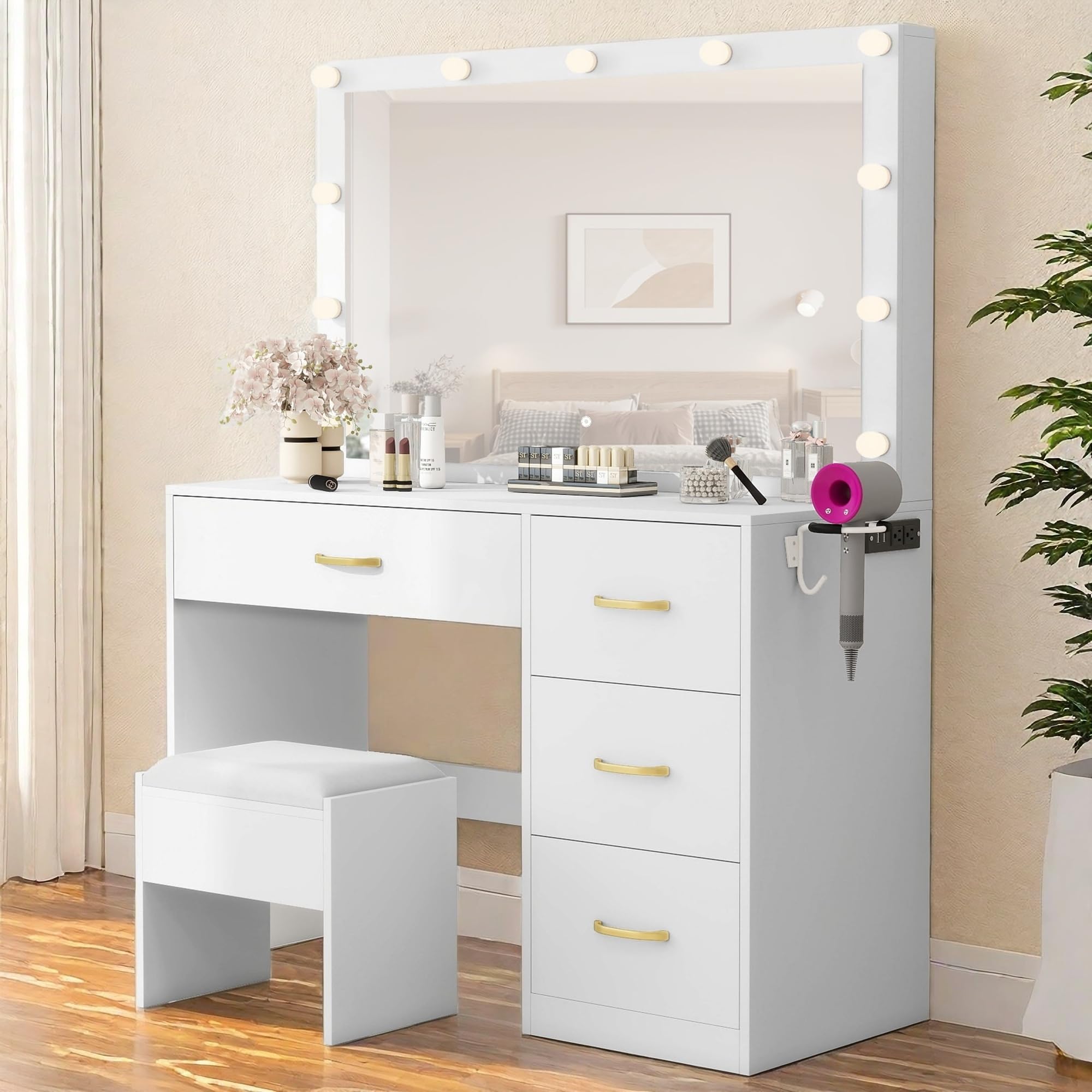 DWVO Makeup Vanity with Adjustable Lights, Integrated Power Outlets, Makeup Desk with Comprehensive Storage and Comfortable Stool for Bedroom, Dressing Room