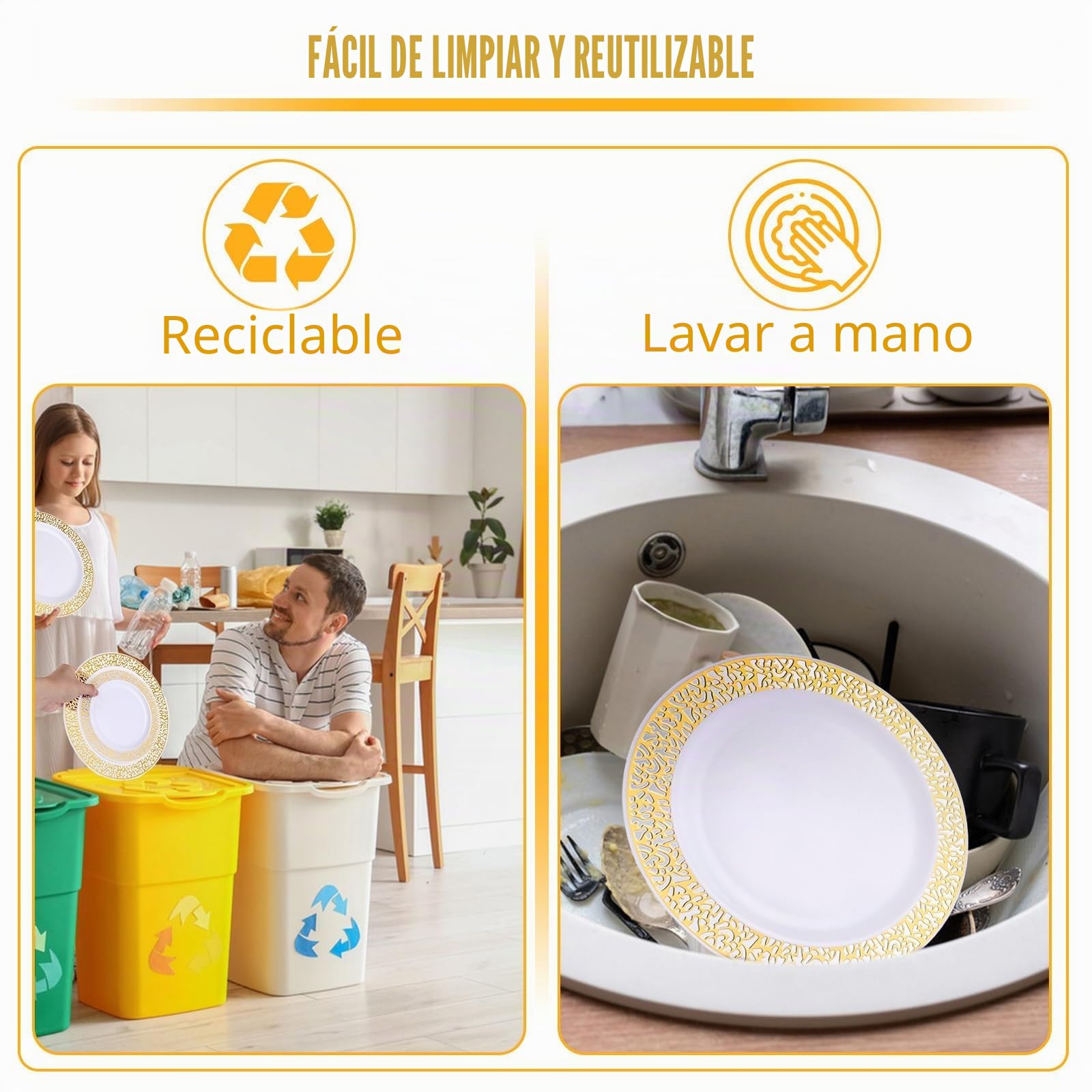 AKOLAFE 50 Piezas Platos Plástico Dorado, Platos Reutilizables con Borde Dorado 19 cm y 26 cm para Bodas Fiestas Cumpleanos Cena Postre Mesa Evento Decoración