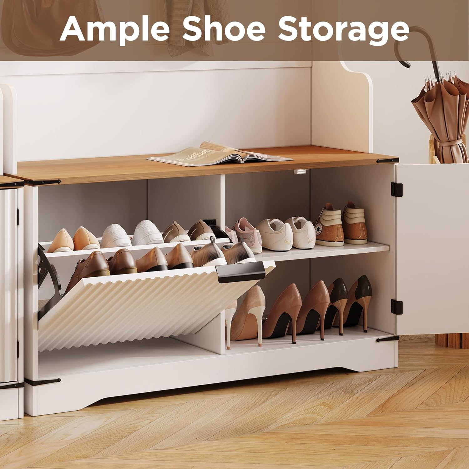 Maupvit 67" Tall Modern Boho Hall Tree with Bench and Shoe Storage, Entryway Fluted Coat Tree, Mudroom Bench with Flip Drawers, 4 Coat Hooks, Adjustable LED Light for Garage, Halls, White