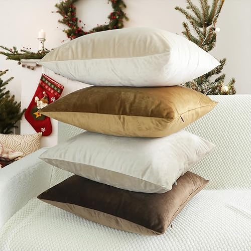 MEKAJUS Throw Pillow Covers 18x18 Set of 4 Decorative Pillow Covers Soft Velvet Pillow Covers Couch Pillows for Living Room Sofa Car Home Decor (Brown/Beige)
