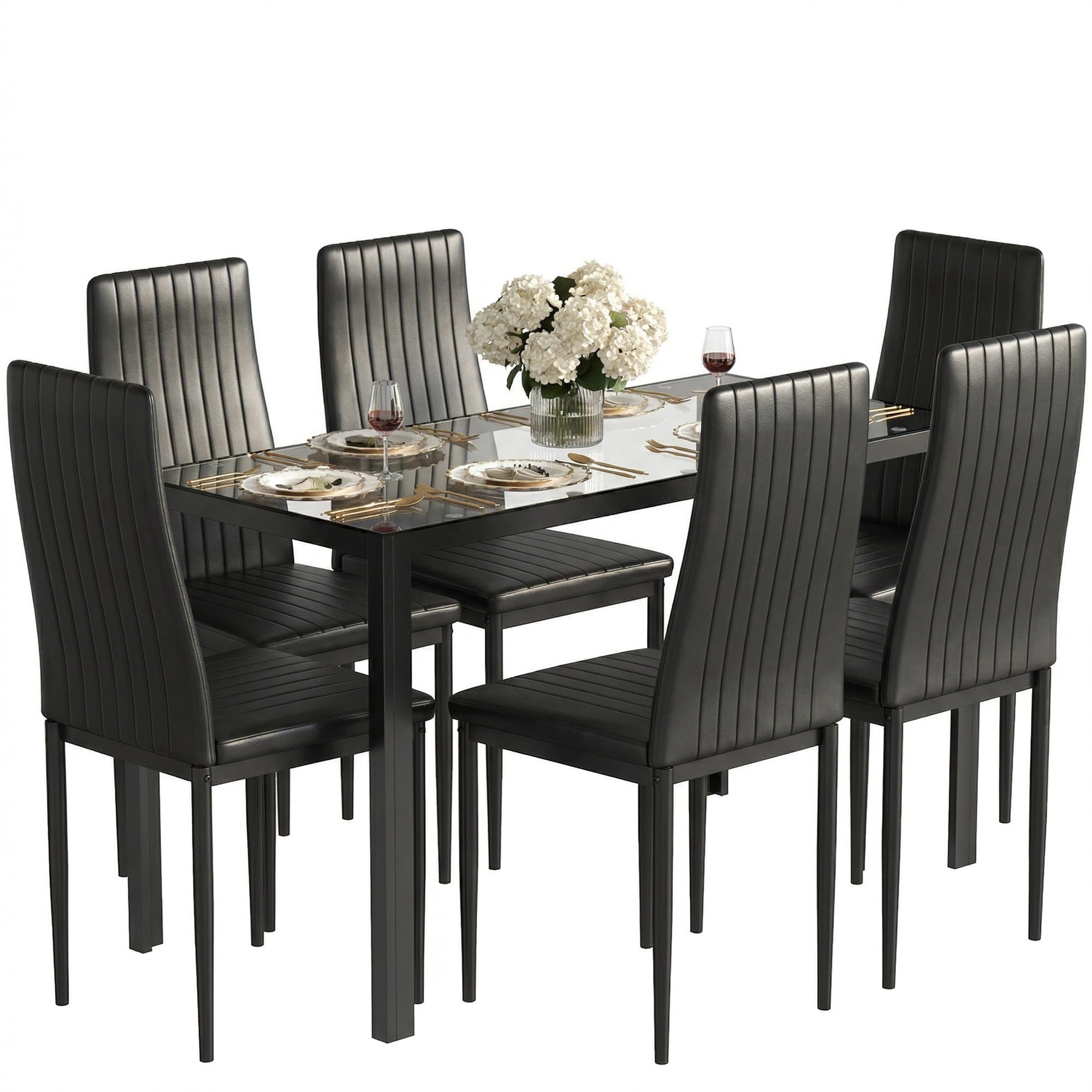 Essgruppe Set Tisch und Stühle, Esstisch mit 6 Stühlen Esszimmergruppe, Strapazierfähiges Kunstleder, Tischplatte aus Sicherheitsglas,Sitzgruppe für Küche Esszimmer Wohnzimmer(120*75*60cm )