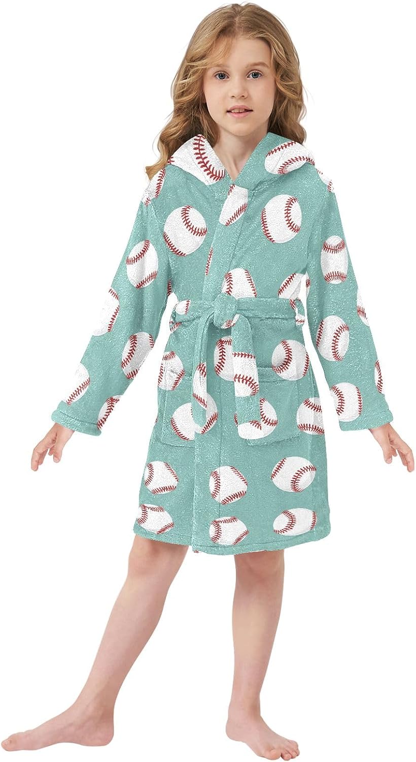 Cartoon Baseball Style Toddler Hooded Bathrobe for Boys Girls Soft Plush Bath Towel Robe 2-12 Years
