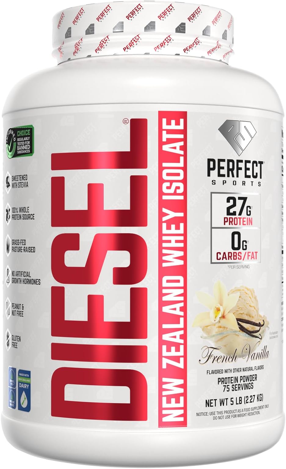 PERFECT SPORTS Diesel 100% New Zealand Whey Protein Isolate | Stevia Sweetened, No Artificial Ingredients, Keto | 0g Carb, 0g Fat, 27g Protein | 5 Pounds (French Vanilla)