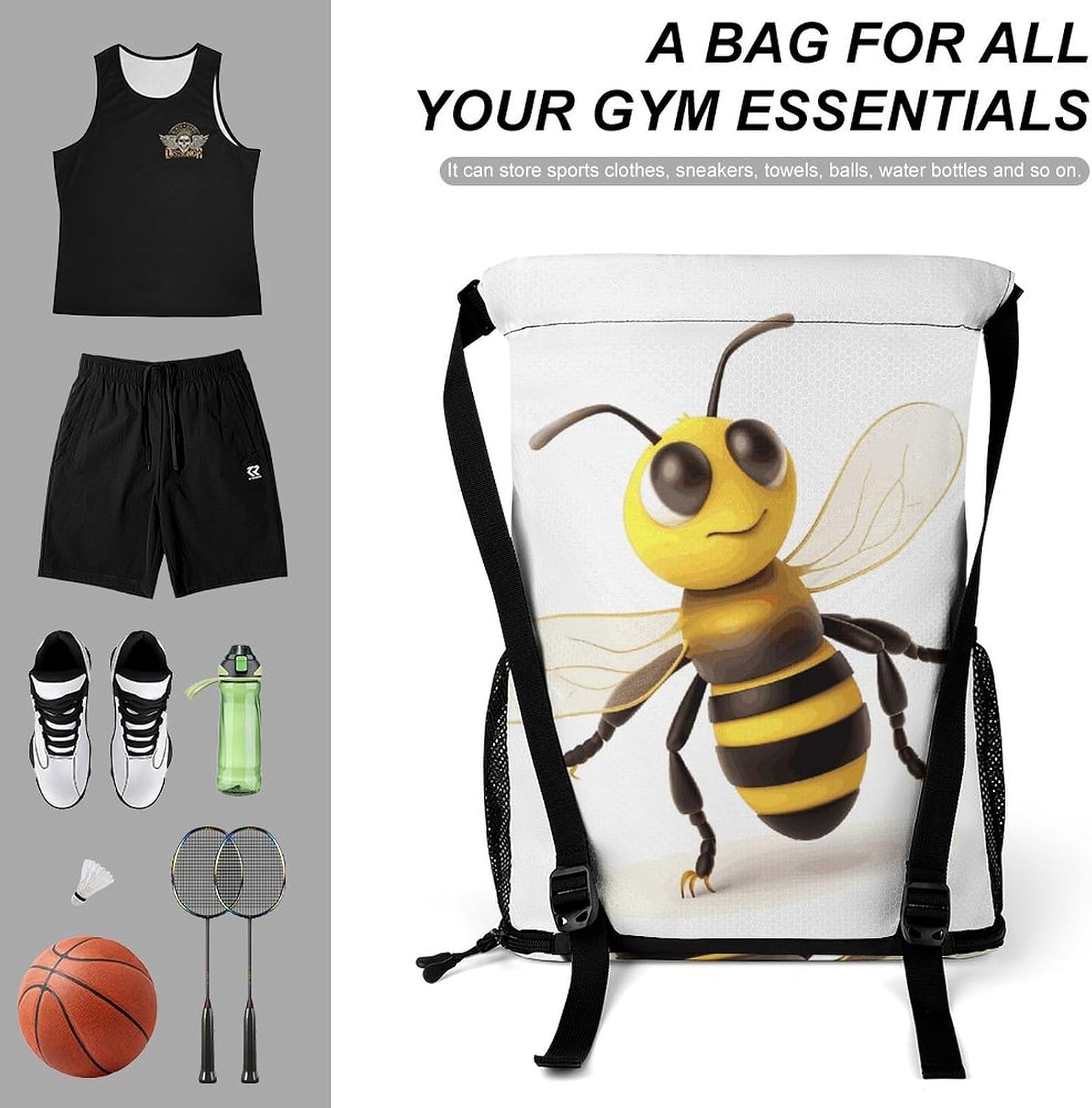 Honey Bee Drawstring Backpack, Sports Gym Bag with Bottom Pocket And Mesh Pockets, String Bag for Men Women