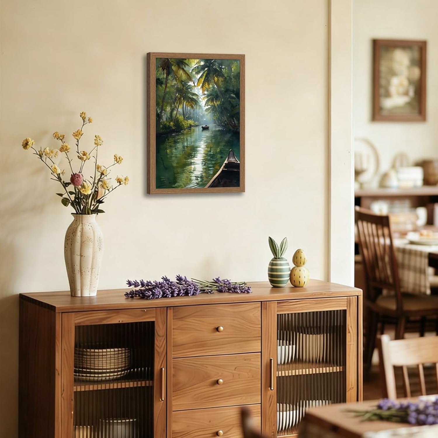 Kerala India Framed Wall Art – Tropical Watercolor Jungle River Painting with Wooden Boat, Palm Trees Water Scene Print, Wood Frame Picture Wall Decor 16x24 Inch