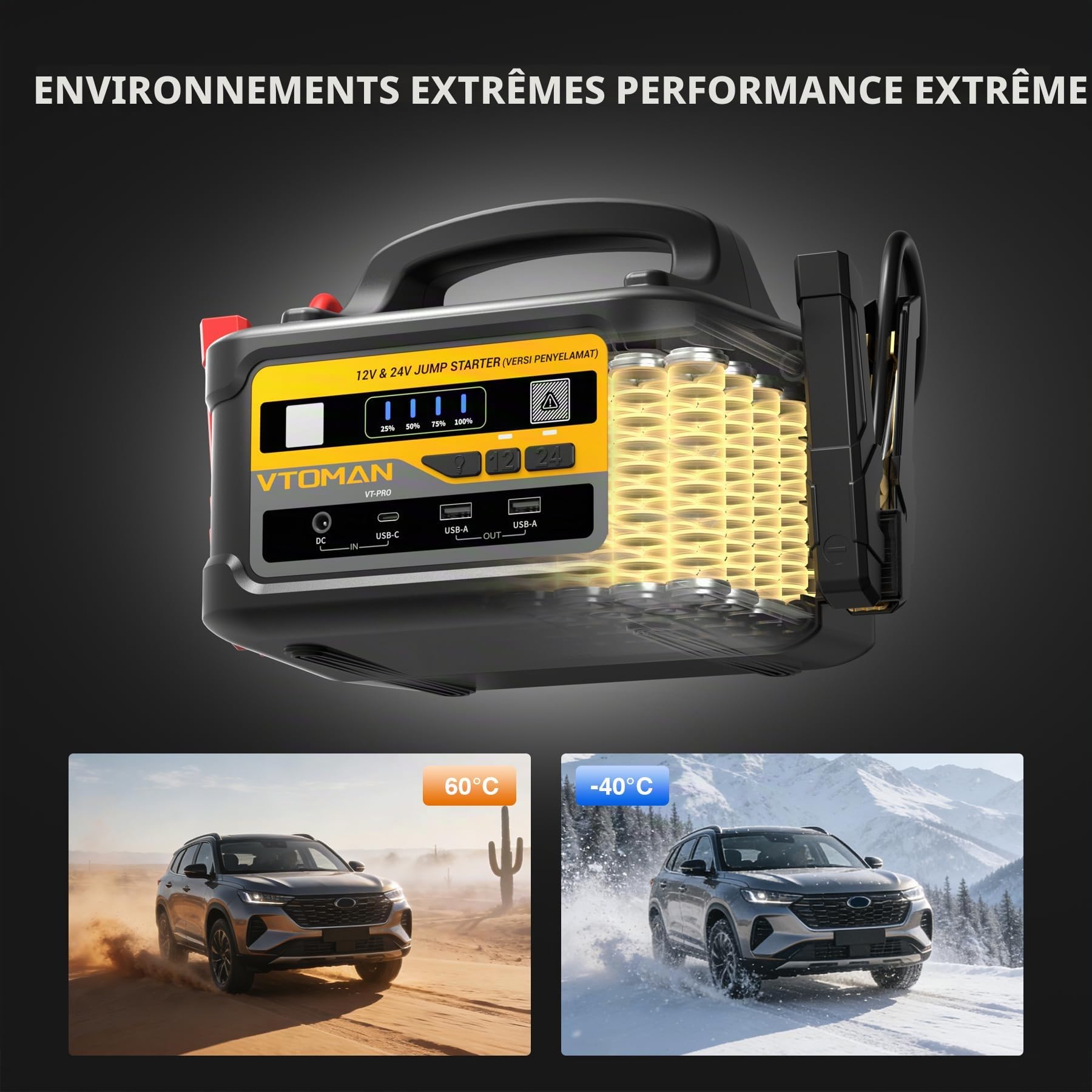 VTOMAN VT-PRO 10000A 12V/24V Batterie Externe de Démarrage–58800 mAh Démarreur de Batterie Auto Portable avec Charge Rapide 145W, Démarreur pour Camions, Camping-Cars et Yachts (Tous Essence & Diesel)