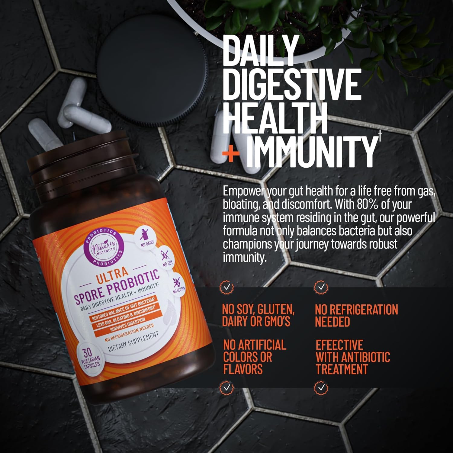 Ultra Spore Probiótico con cepas vivas, probiótico diario a base de suelo para apoyo digestivo y salud intestinal, sin soja, sin lácteos, sin gluten, probióticos no refrigerados, 30