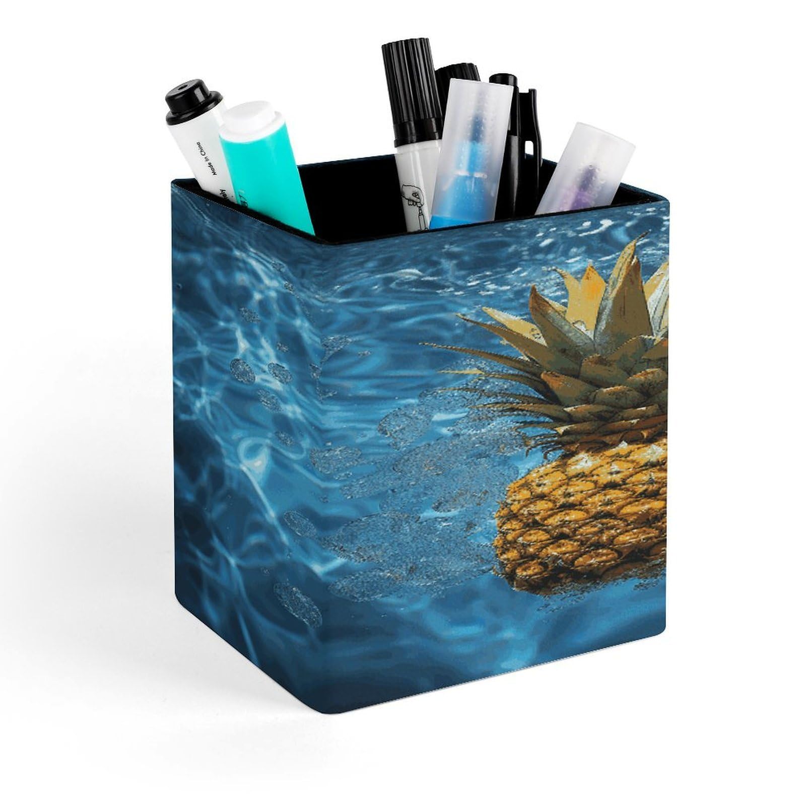FekiLoot Pineapple in The Pool Pen Holder for Desk Minimalist Leather Pencil Holder Fashion Modern Pencil Cup Decorative Square Pen Cup Locker Organizer for Office Work Locker Accessories