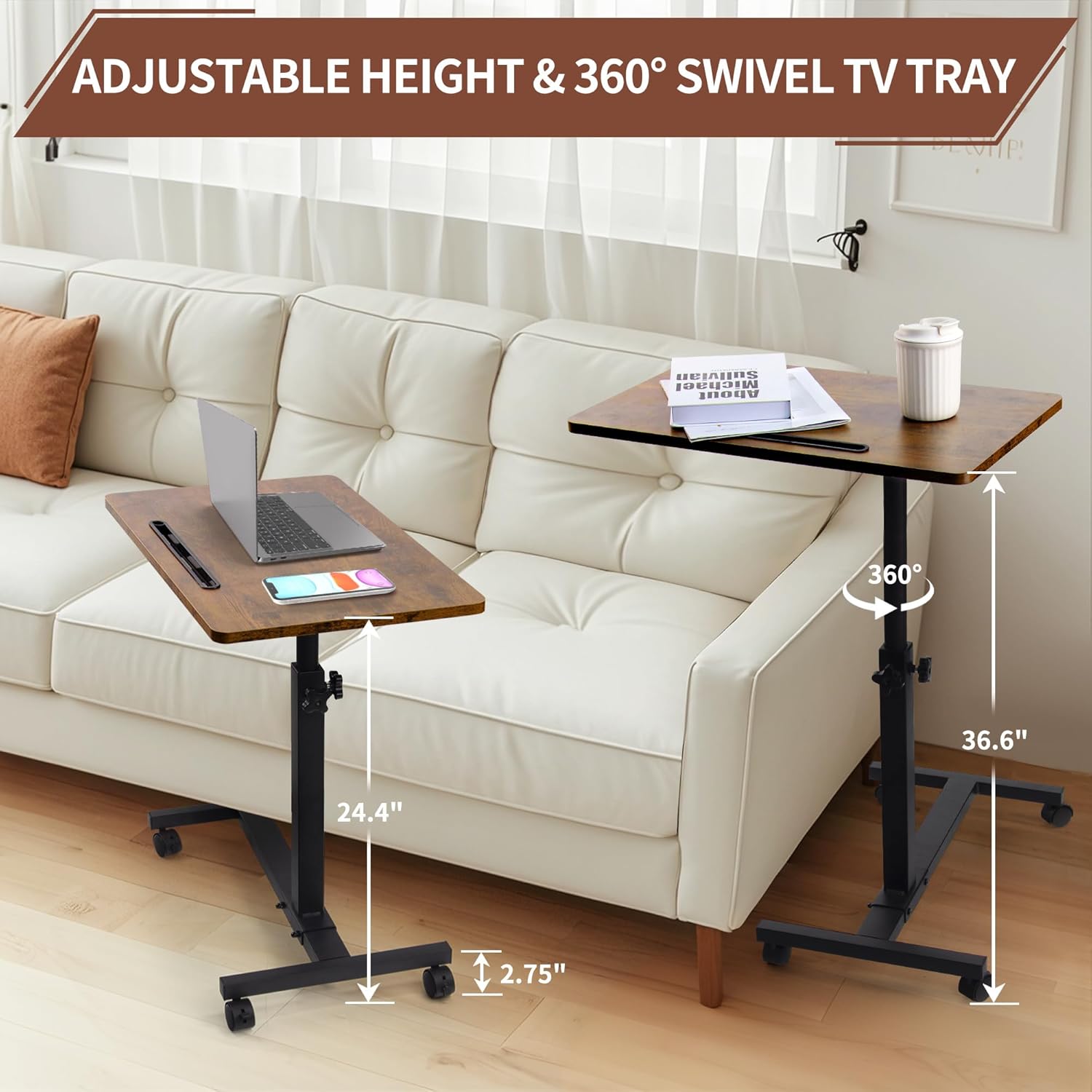 c shaped side table adjustable, laptop table for couch, 360° swivel rolling tv tray, 22.8 x 13.7 inches large end table for living room and bedroom