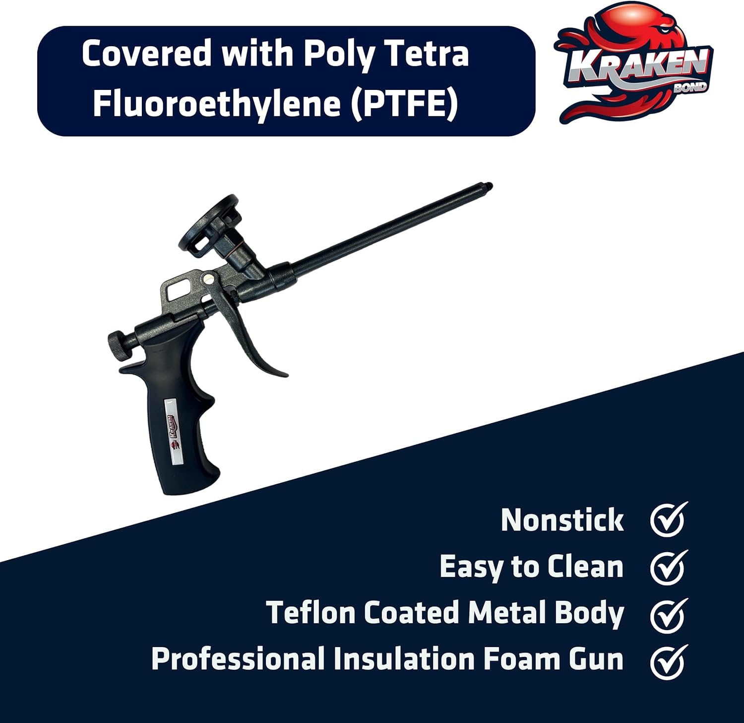 Kraken Bond PRO Foam Gun - 8 Inch Durable Spray Foam Dispensing Gun for Contractors & DIYers, PTFE Non-Stick Coating, Precision Nozzles Included, Versatile Spray Application for Insulation - 1 Pack