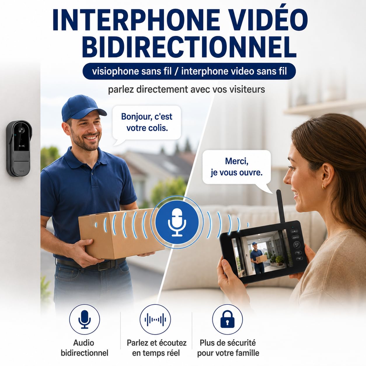 Zeerkeer Visiophone sans Fil avec Sonnette sans Fil Exterieur Etanche, Sonnette sans Fil avec Camera 1080P, Interphone sans Fil avec Écran 4,3", Carillon Vidéo, sans WiFi/App, IP65, Vision Nocturne