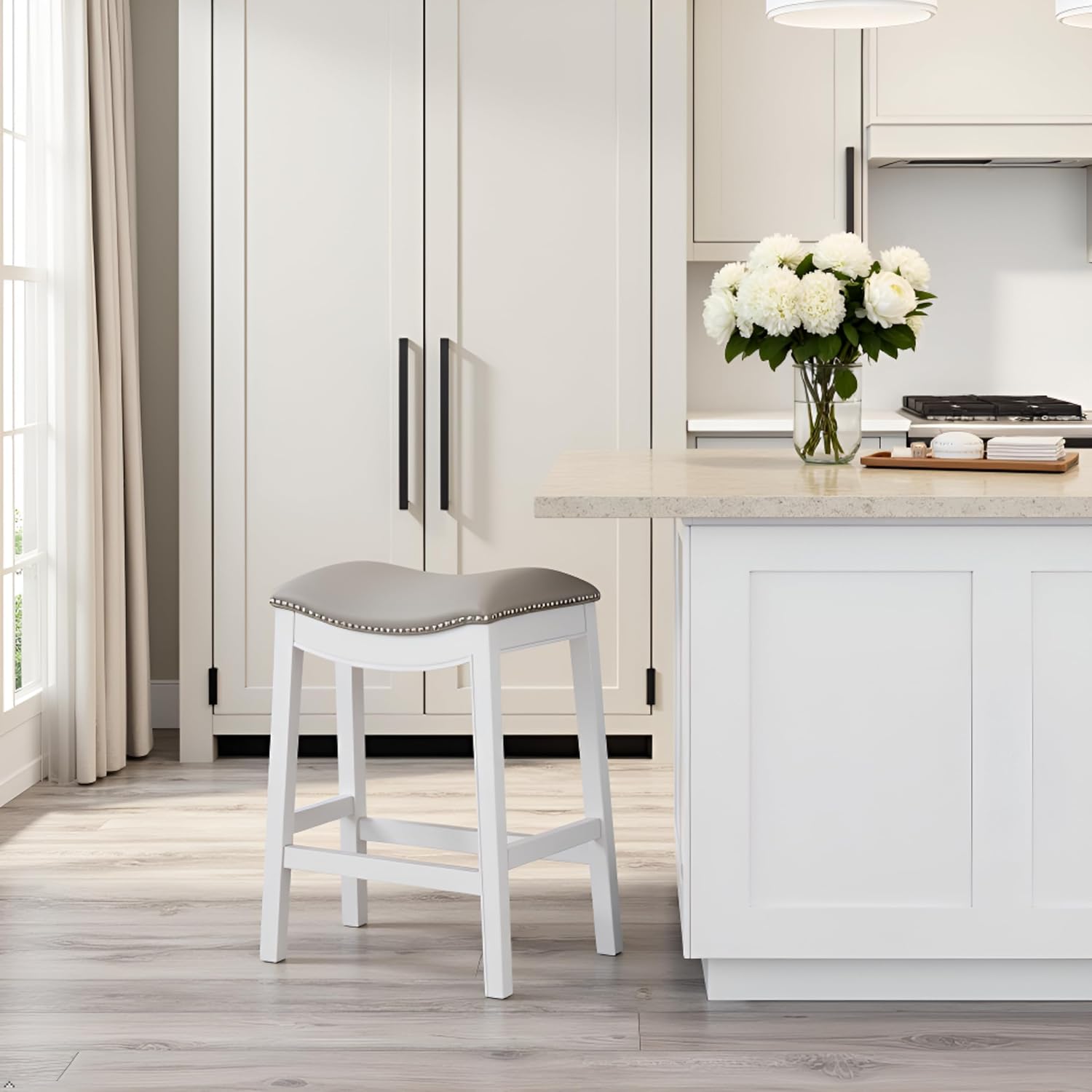 Williston Counter Height Barstool with Footrest – 26” Solid Rubberwood Frame, Faux Leather Seat with Nailhead Trim – Modern Kitchen Island Stool for Bar & Bistro Table by Alaterre Furniture (White)